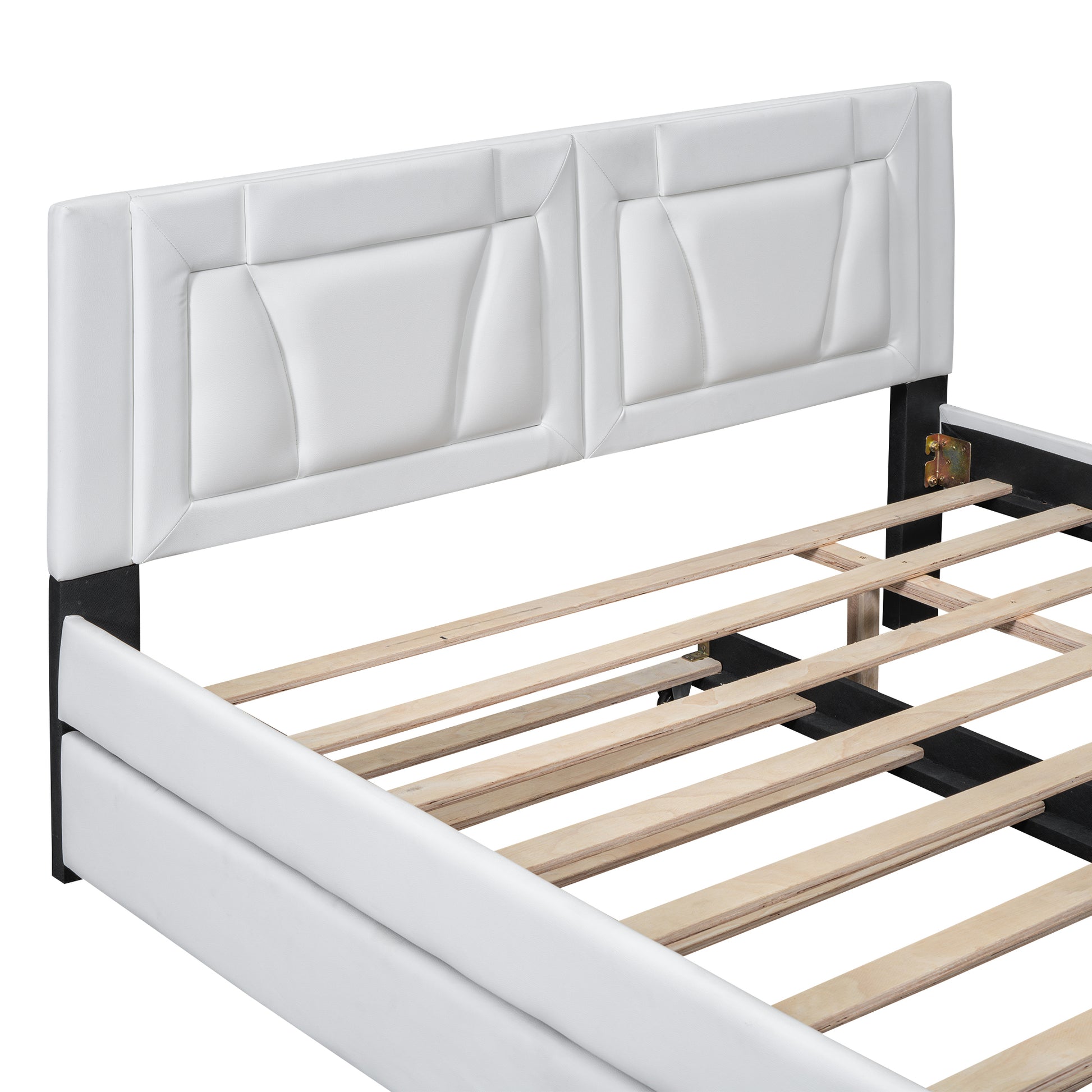 Queen Size Upholstered Platform Bed With Headboard And Twin Size Trundle, White Box Spring Not Required Queen White Bedroom Faux Leather Upholstered