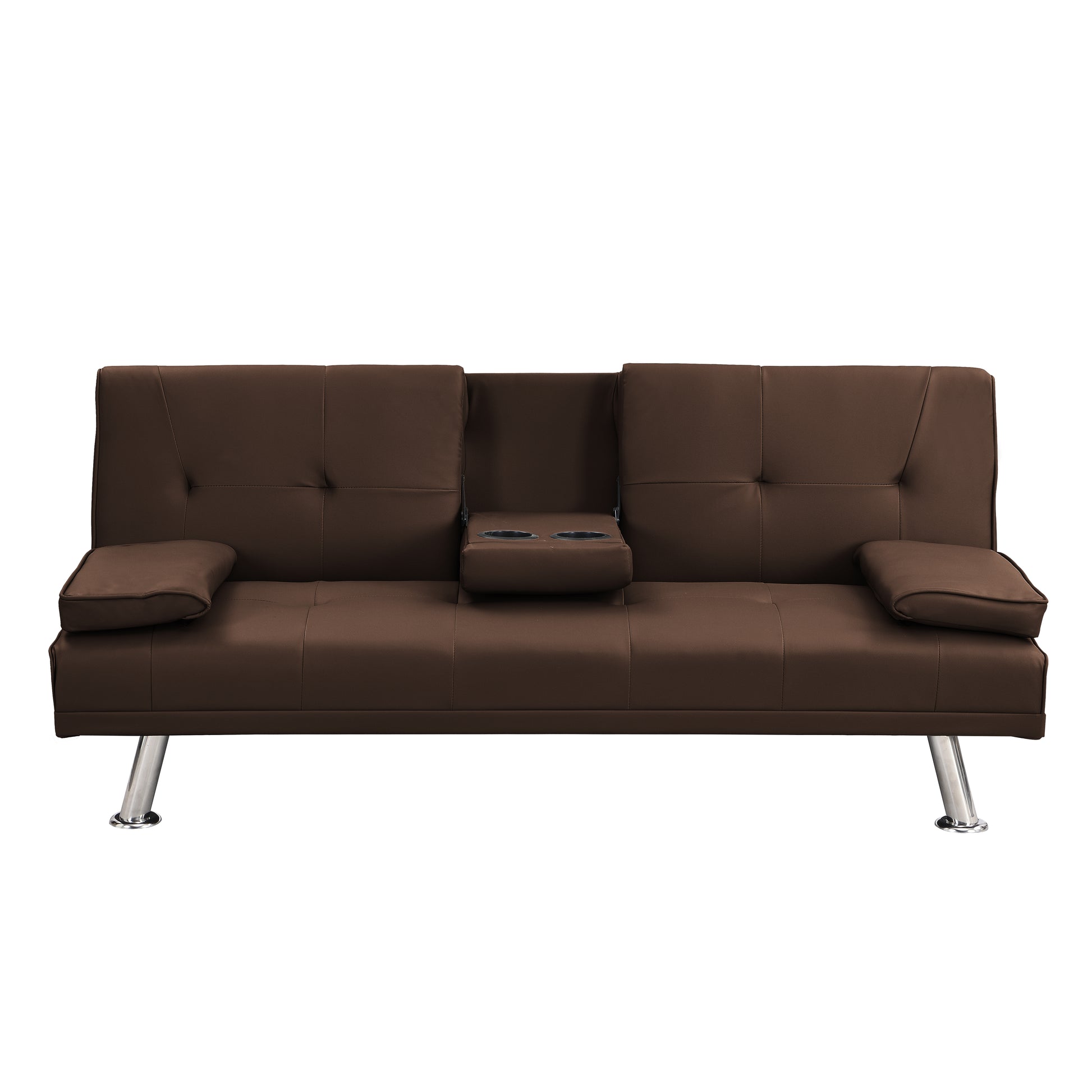 Sofa Bed With Armrest Two Holders Wood Frame, Stainless Leg, Futon Brown Pvc Brown Pvc