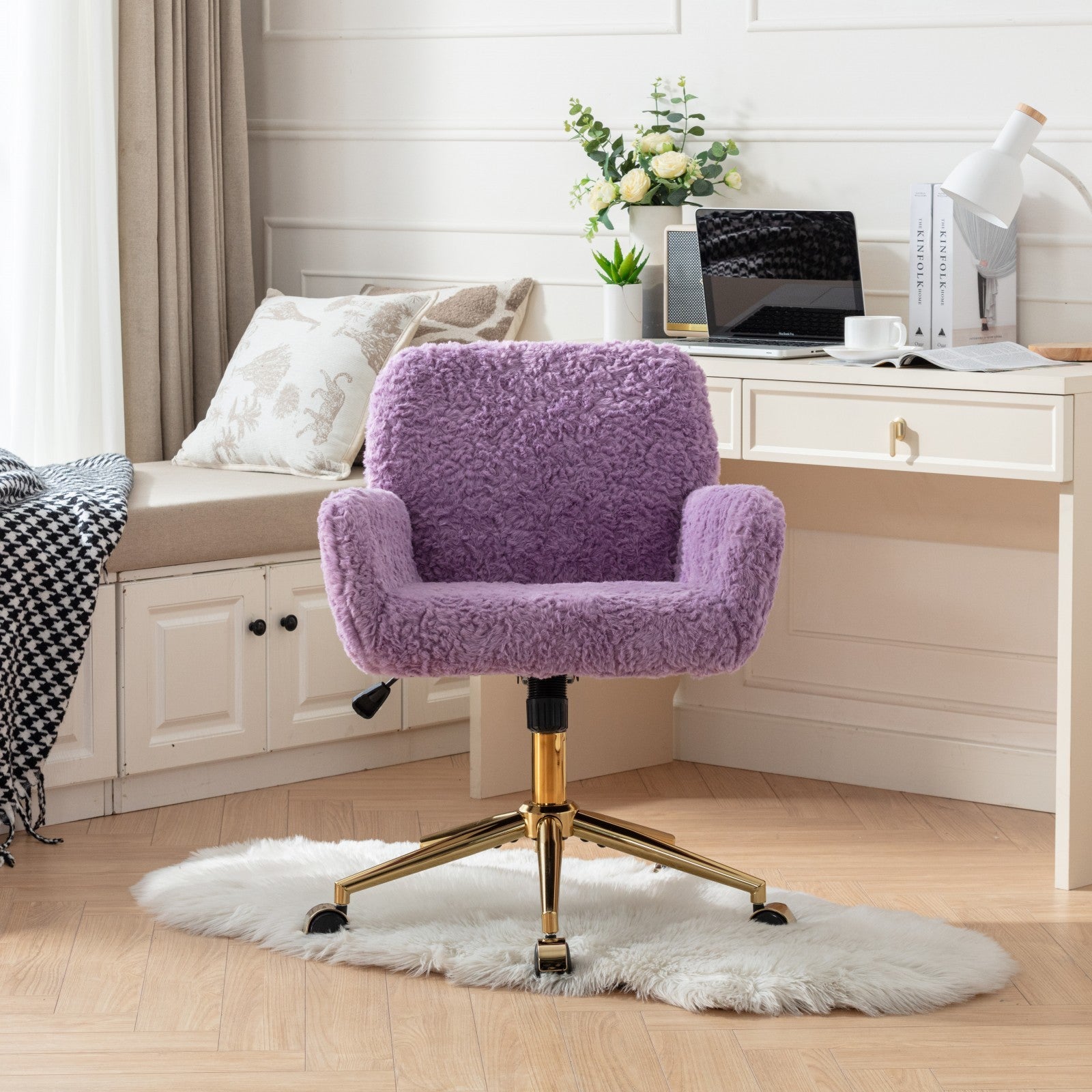 Office Chair,Artificial Rabbit Hair Home Office Chair With Golden Metal Base,Adjustable Desk Chair Swivel Office Chair,Vanity Chair Violet Violet Bedroom Foam Velvet