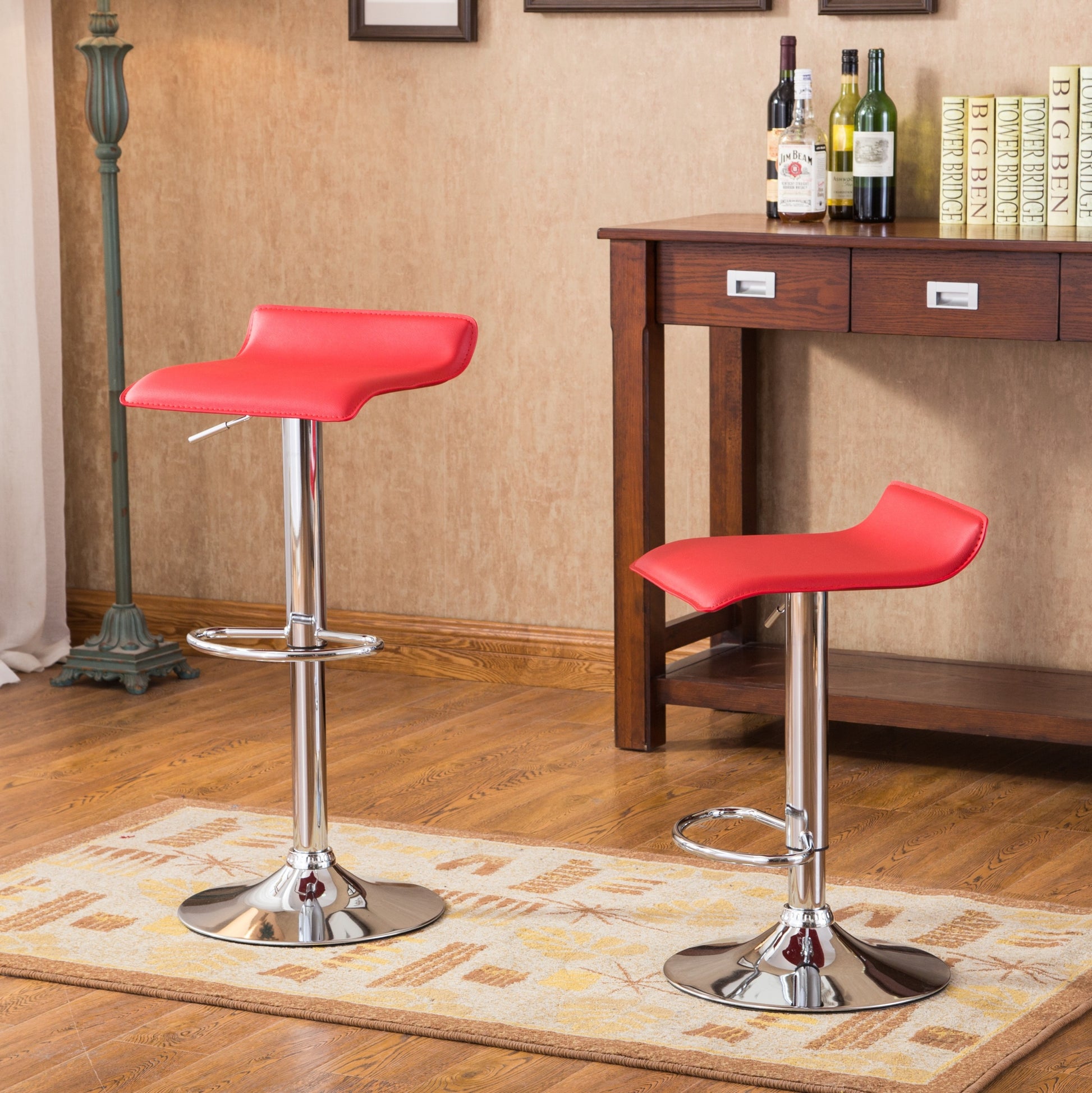 Contemporary Chrome Air Lift Adjustable Swivel Stools With Red Seat, Set Of 2 Red Faux Leather