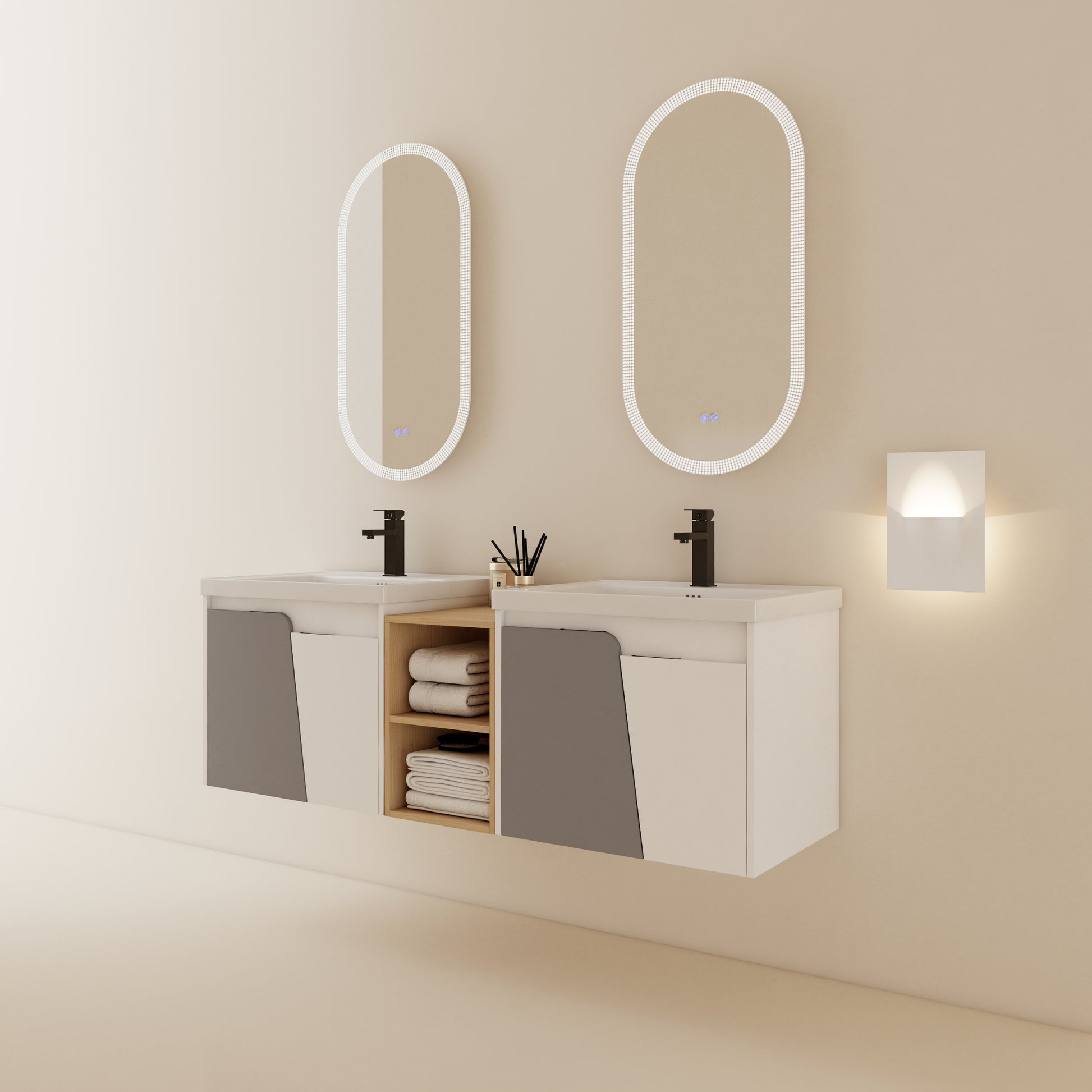 60 Inch Wall Mounted Bathroom Vanity With Sink, And A Small Storage Shelves Kd Packing White Bathroom Wall Mounted Modern Plywood