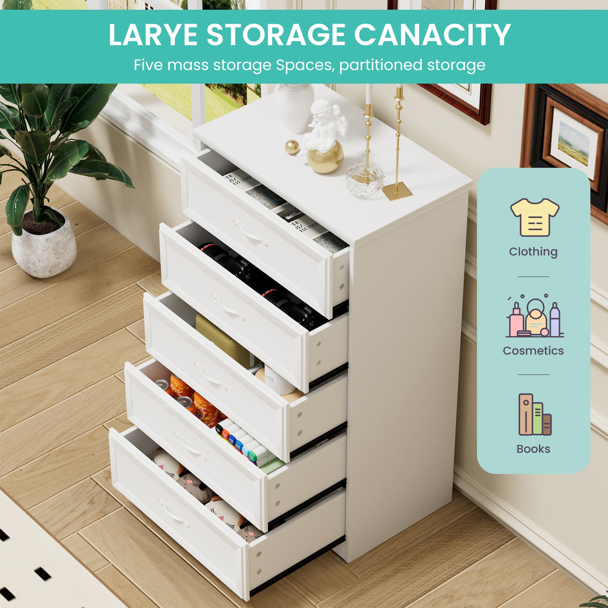 Modern 5 Tier Bedroom Chest Of Drawers, Dresser With Drawers, Clothes Organizer Metal Pulls For Living Room, Bedroom, Hallway, White, 25.2 L X 15.8 W X 43.5 H White Particle Board