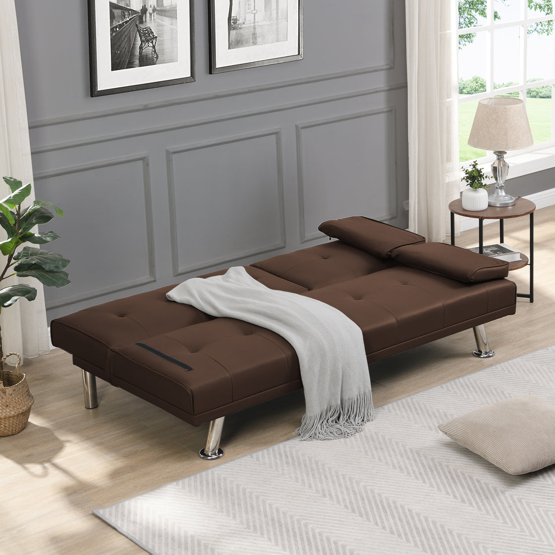 Sofa Bed With Armrest Two Holders Wood Frame, Stainless Leg, Futon Brown Pvc Brown Pvc