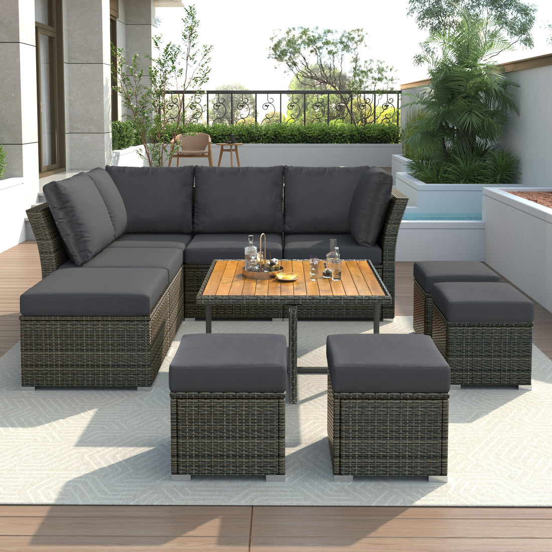 Patio Furniture Set, 10 Piece Outdoor Conversation Set, Coffeetable With Ottomans, Solid Wood Coffee Table Grey Rattan