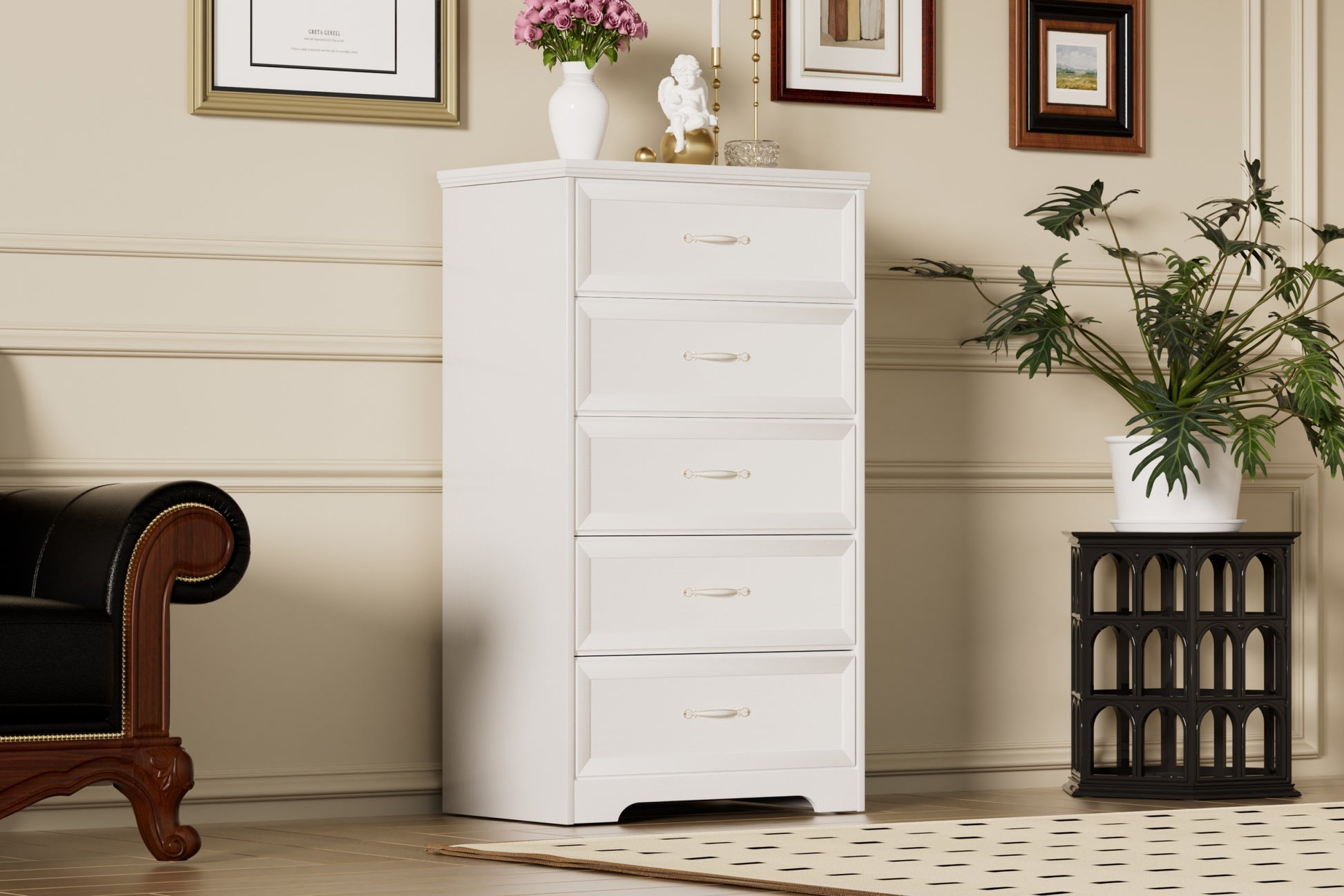 Modern 5 Tier Bedroom Chest Of Drawers, Dresser With Drawers, Clothes Organizer Metal Pulls For Living Room, Bedroom, Hallway, White, 25.2 L X 15.8 W X 43.5 H White Particle Board