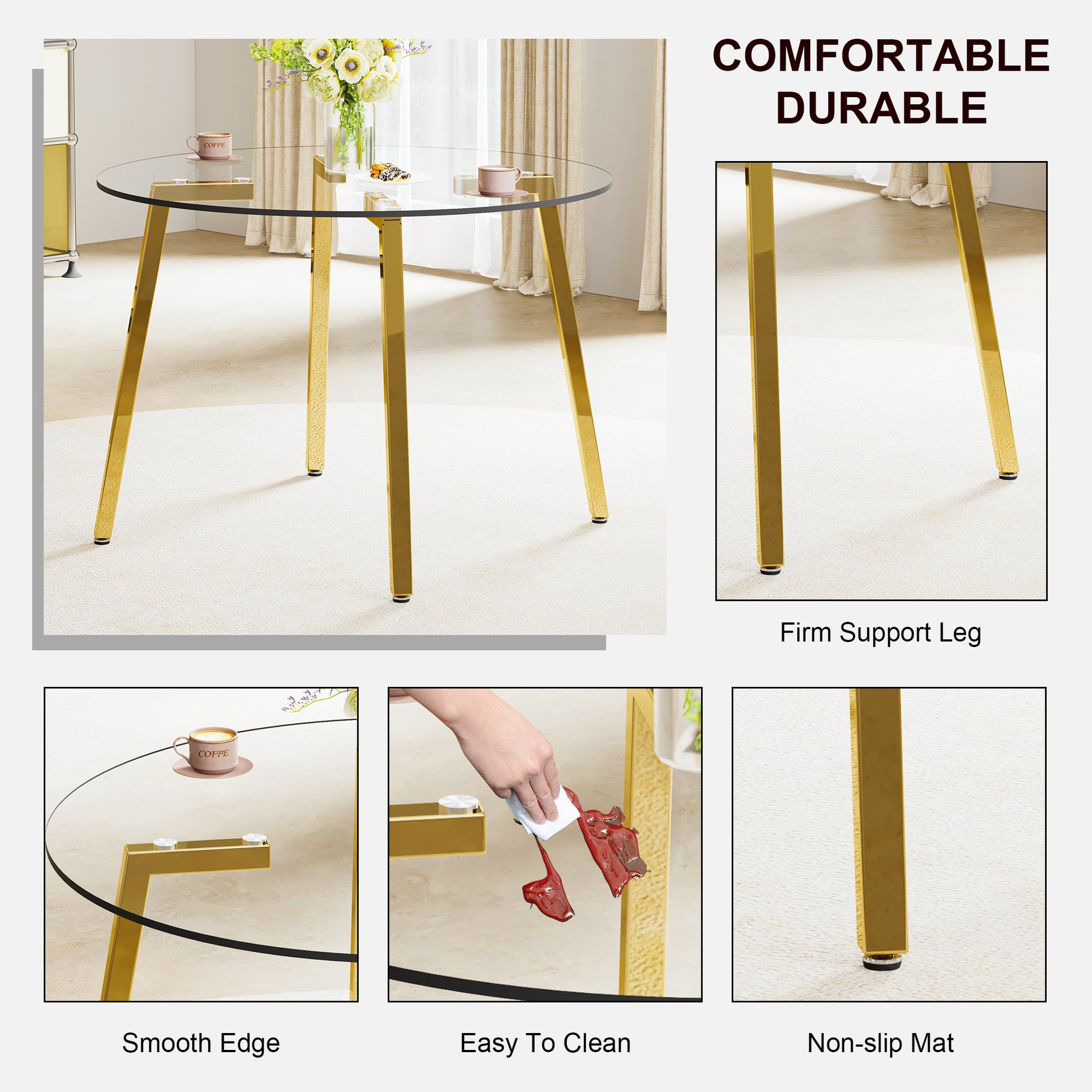 Modern Minimalist Style Circular Transparent Tempered Glass Table, Tempered Glass Tabletop, Golden Metal Legs, Suitable For Kitchen, Dining Room, And Living Room, 42 "* 42" * 29.5 "1123R Transparent Glass