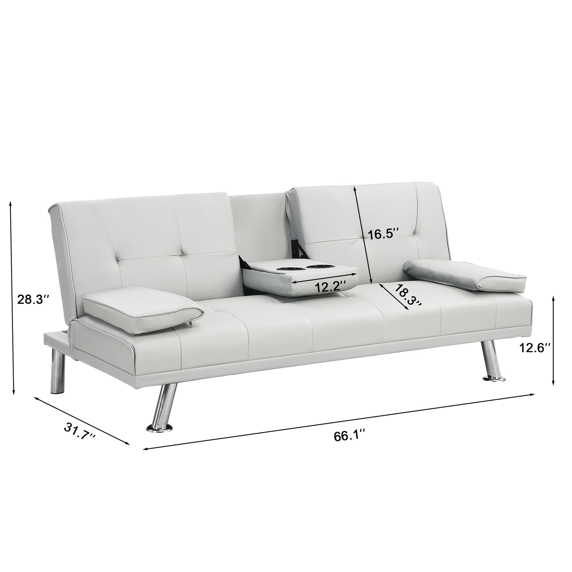 Sofa Bed With Armrest Two Holders Wood Frame, Stainless Leg, Futon White Pvc White Pvc