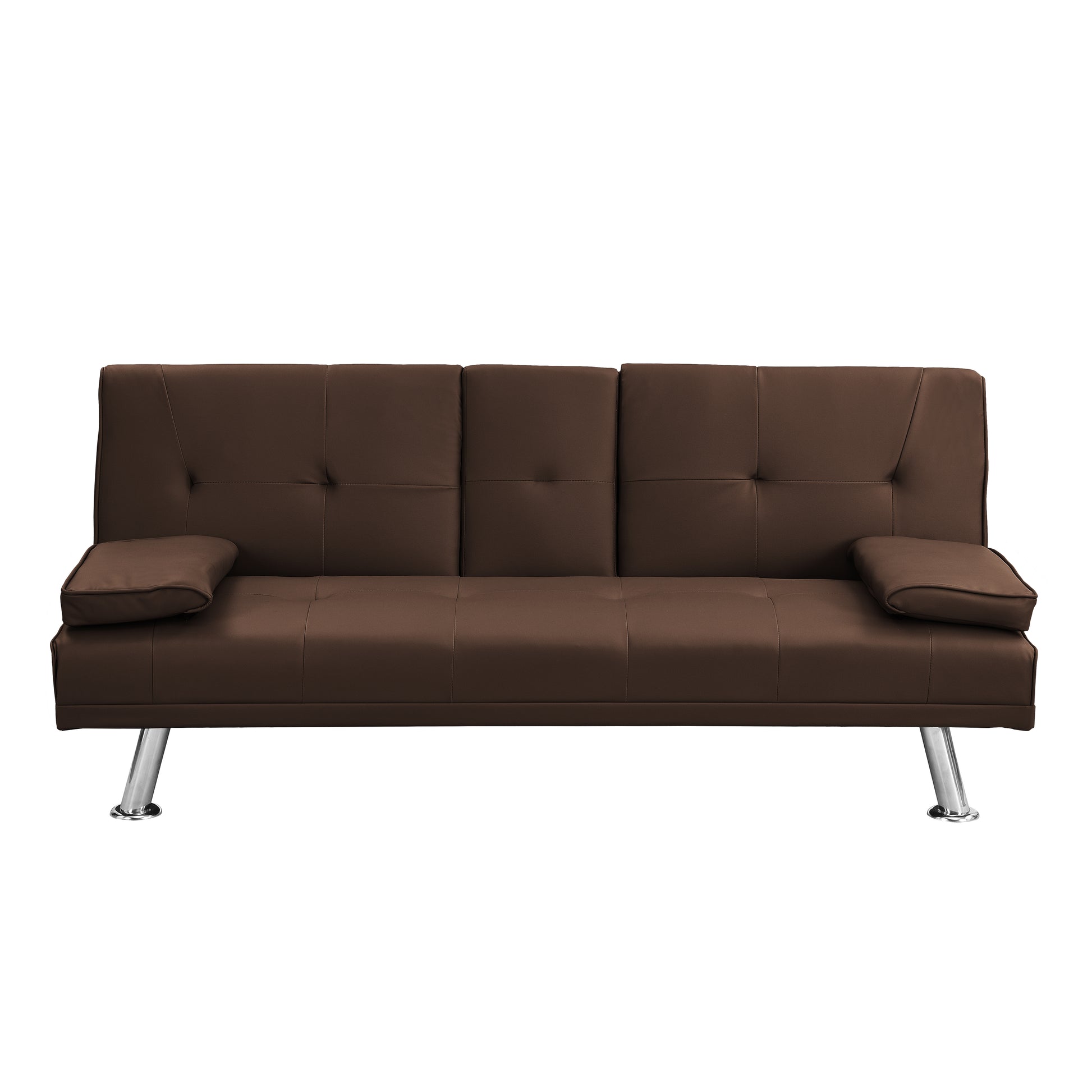 Sofa Bed With Armrest Two Holders Wood Frame, Stainless Leg, Futon Brown Pvc Brown Pvc