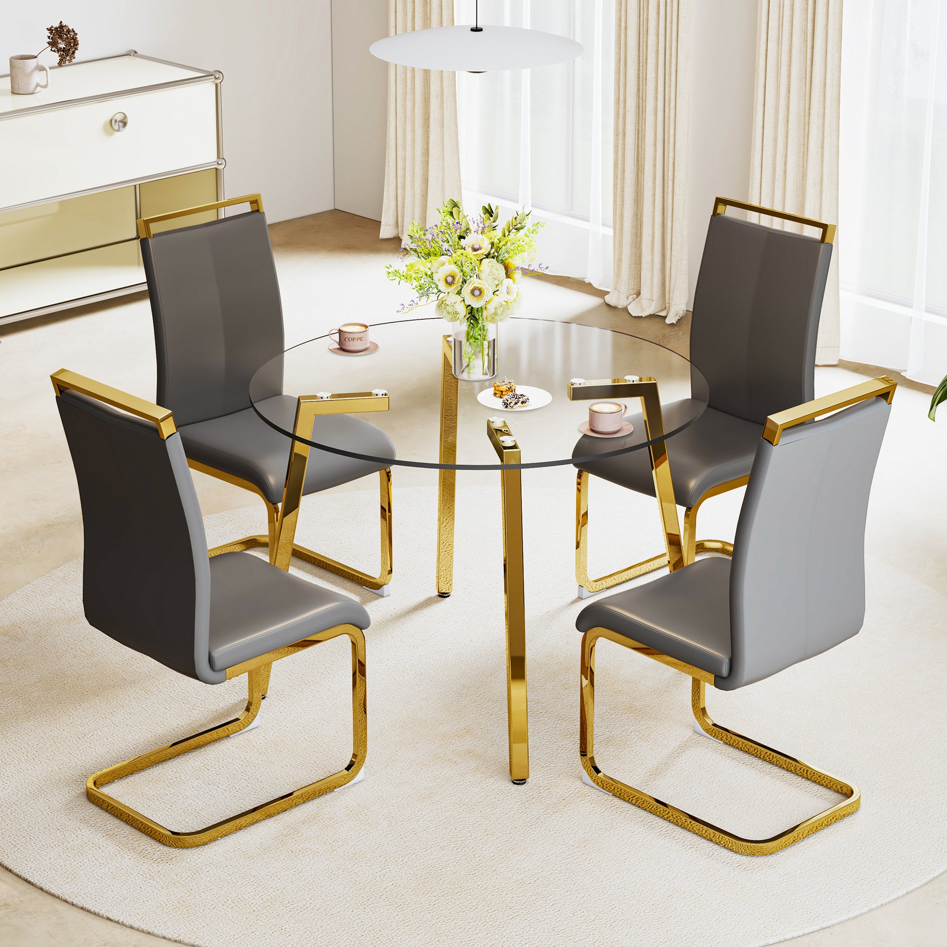 Modern Minimalist Style Circular Transparent Tempered Glass Table, Tempered Glass Tabletop, Golden Metal Legs, Suitable For Kitchen, Dining Room, And Living Room, 42 "* 42" * 29.5 "1123R Transparent Glass