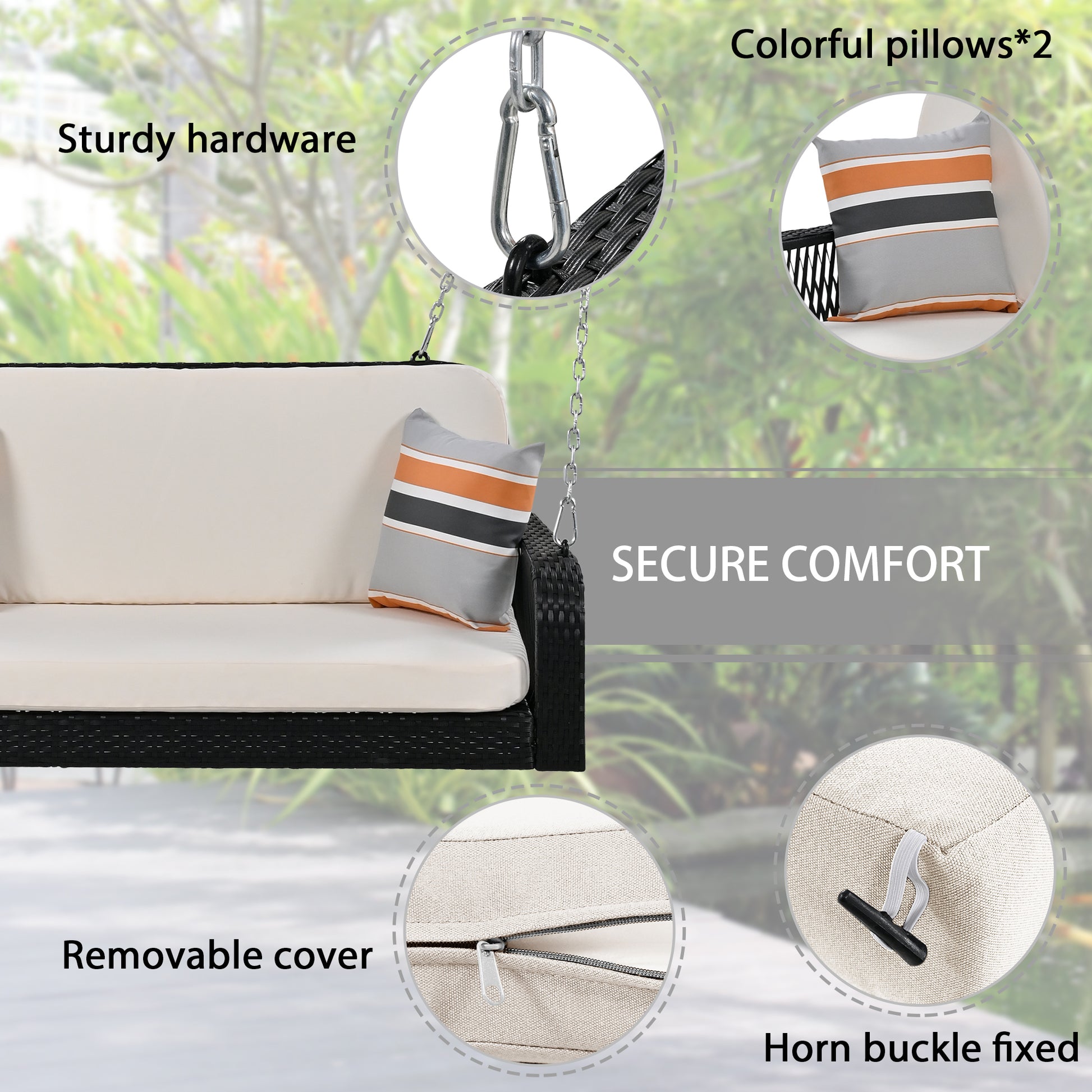 Pe Wicker Porch Swing, 2 Seater Hanging Bench With Chains, Patio Furniture Swing For Backyard Garden Poolside, Black And Beige Beige Black Foam Wicker