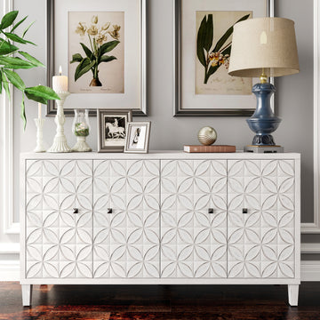 Accent Cabinet 4 Door Wooden Cabinet Sideboard Buffet Server Cabinet Storage Cabinet, For Living Room, Entryway, Hallway, Office, Kitchen And Dining Room, White Wash White Washed Solid Wood Mdf