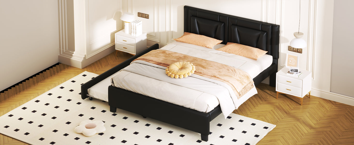 Queen Size Upholstered Platform Bed With Headboard And Twin Size Trundle, Black Box Spring Not Required Queen Black Bedroom Faux Leather Upholstered