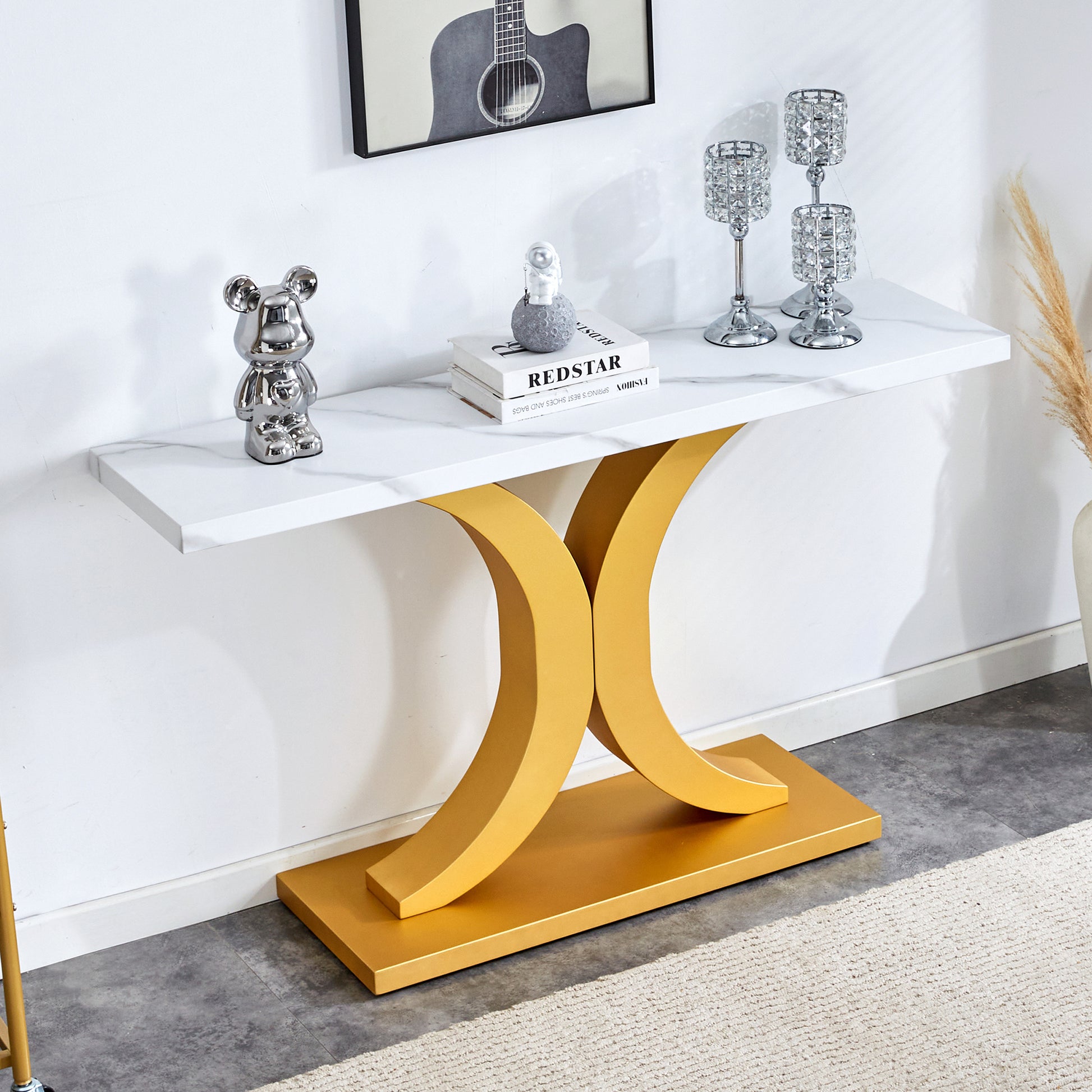 A Modern Minimalist Style Foyer Table With White Tabletop, Gold Bracket, And Bottom Plate, Enhancing The Beauty And Artistic Atmosphere Of The Home, Suitable For The Foyer Fxg White Gold Mdf