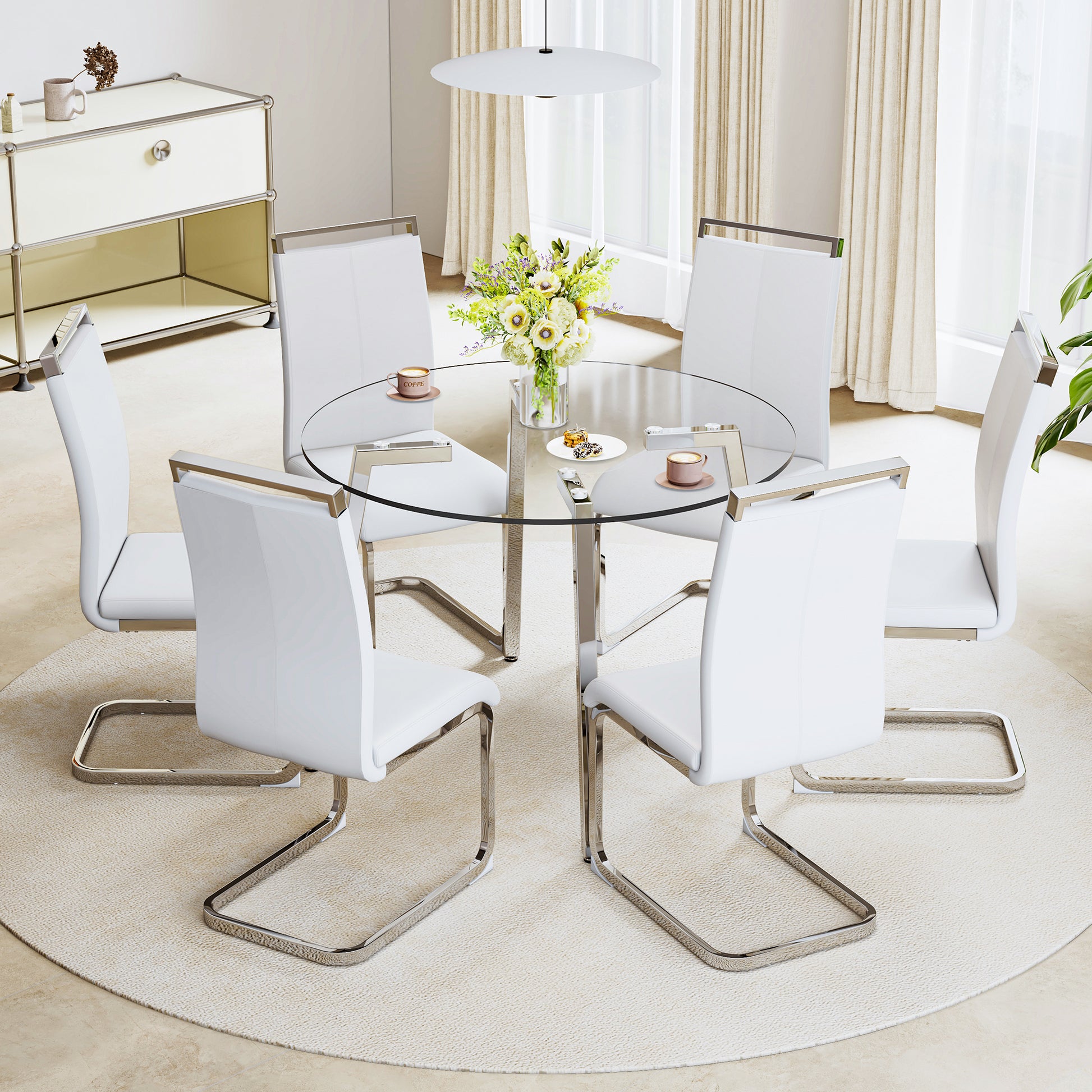 Modern Minimalist Style Circular Transparent Tempered Glass Table, Tempered Glass Tabletop, Silver Metal Table Legs, Suitable For Kitchen, Dining Room, And Living Room, 42 "* 42" * 29.5 "1123R Transparent Glass