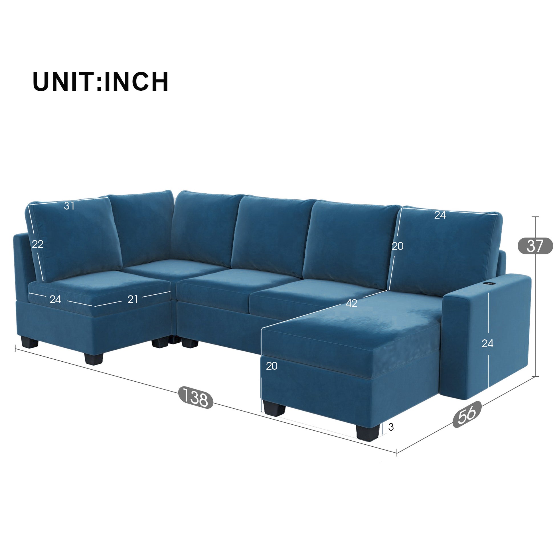 138*56" Modern L Shape Sectional Sofa, 6 Seat Velvet Fabric Couch With Convertible Chaise Lounge,Freely Combinable Indoor Furniture For Living Room, Apartment, Office,3 Colors Navy Velvet 5 Seat