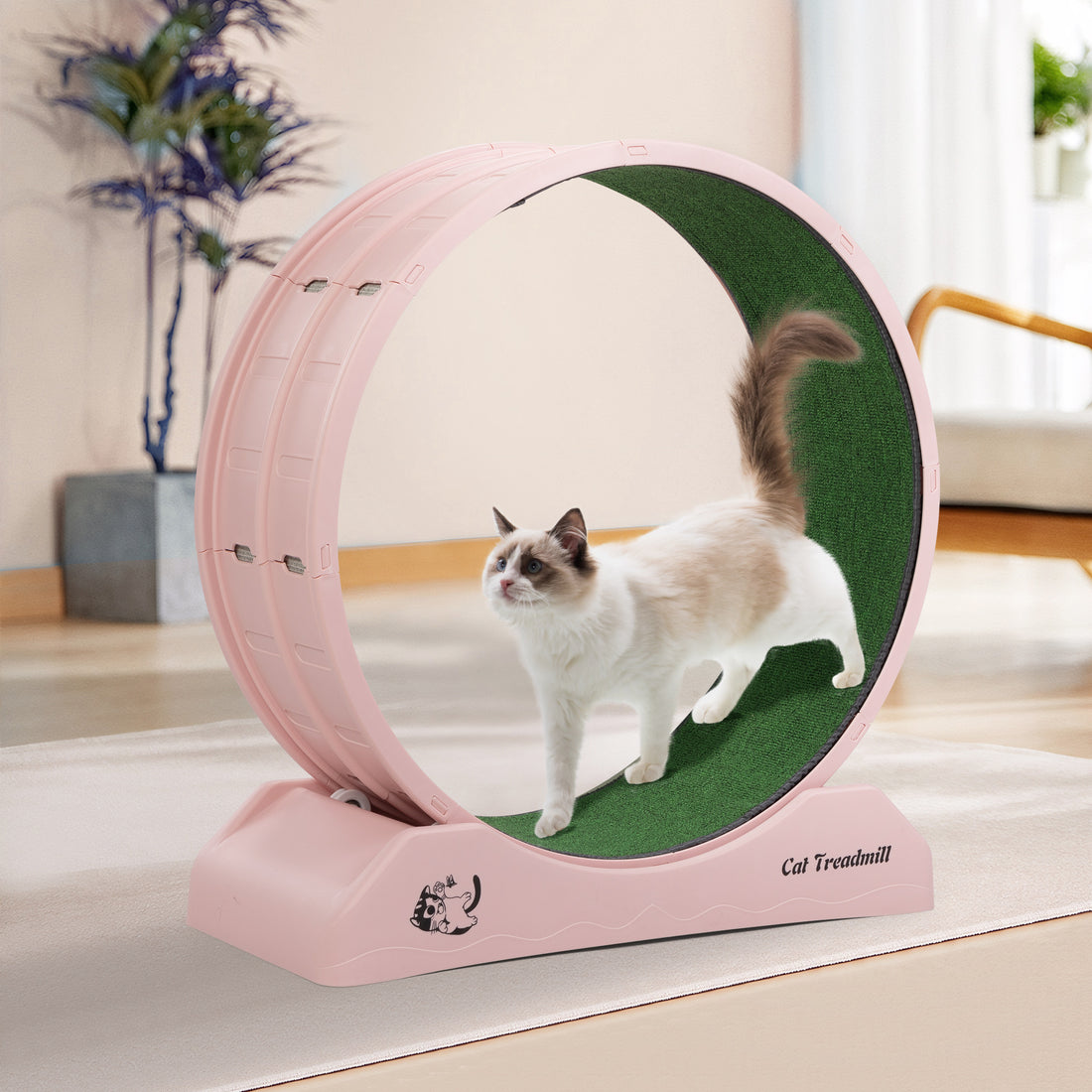 Cat Running Wheel, Small Animal Exercise Treadmill W Locking Mechanism, Carpet Runway, Cat Teaser Toy, Indoo,Pink Pink Polypropylene