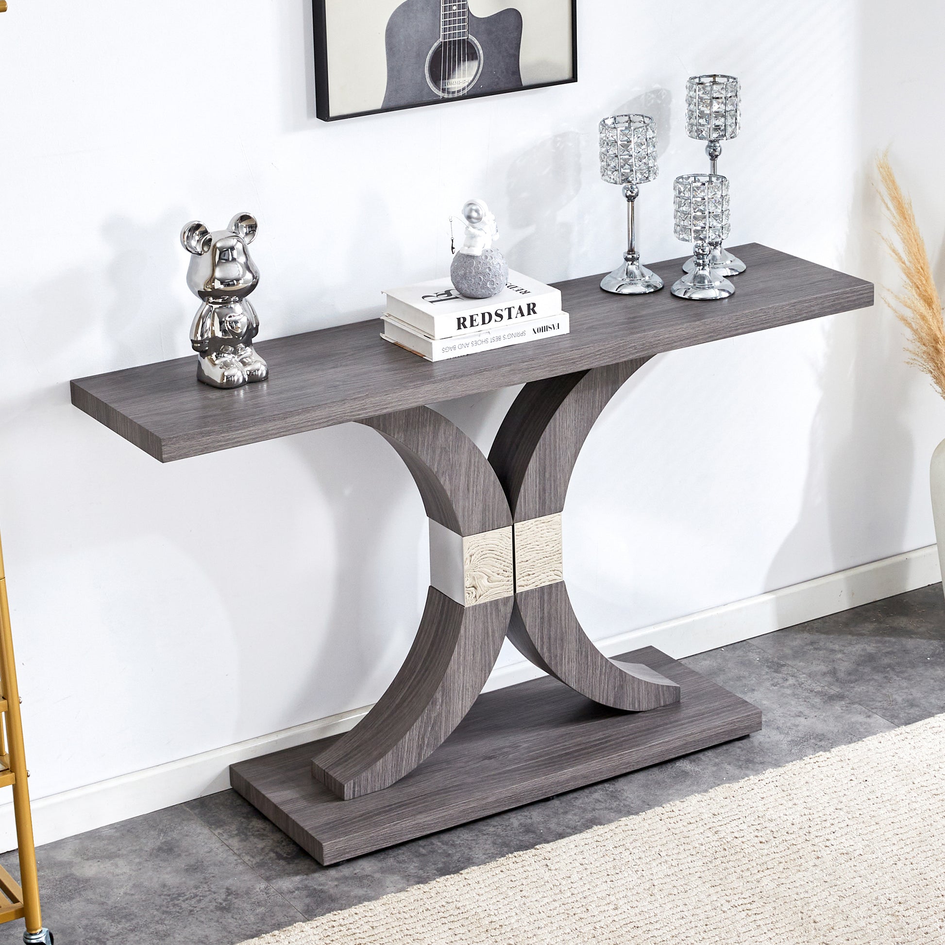 Modern Minimalist Style Natural Gray Wood Foyer Table, Equipped With Mdf Wood Tabletop And Mdf Stainless Steel Bracket, Enhances The Beauty And Artistic Atmosphere Of The Home, Suitable For Foyer .Fxg Gray Mdf