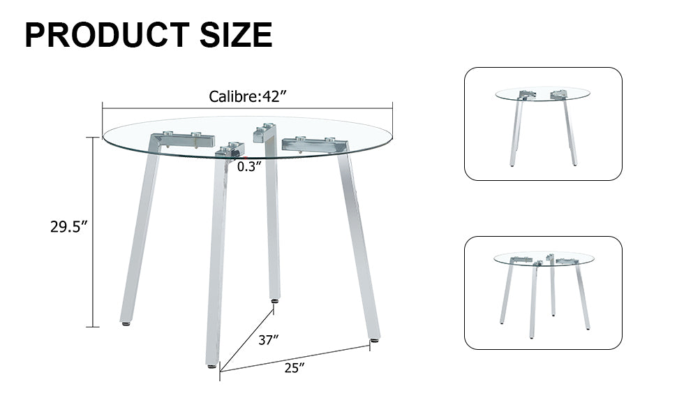 Modern Minimalist Style Circular Transparent Tempered Glass Table, Tempered Glass Tabletop, Silver Metal Table Legs, Suitable For Kitchen, Dining Room, And Living Room, 42 "* 42" * 29.5 "1123R Transparent Glass