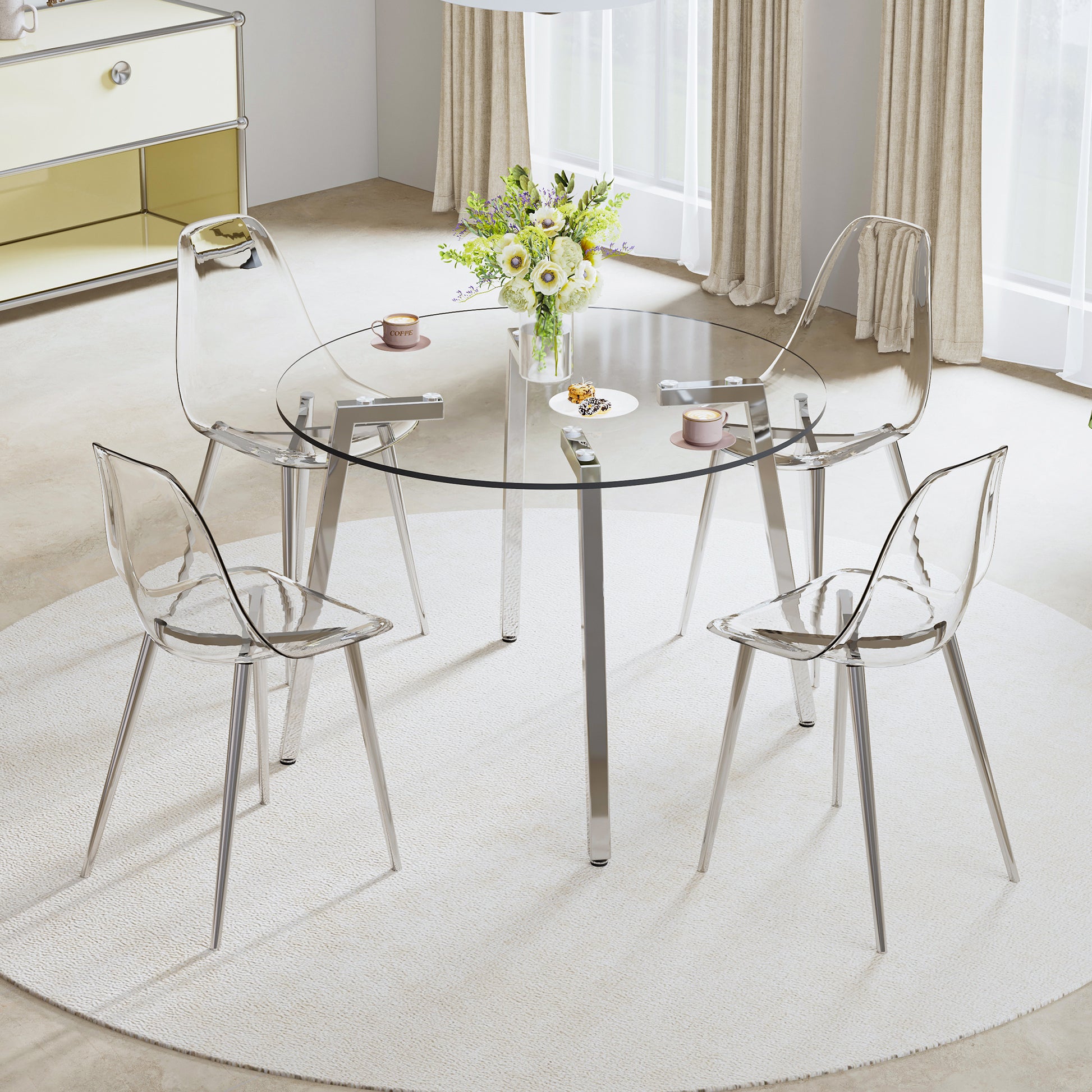 Modern Minimalist Style Circular Transparent Tempered Glass Table, Tempered Glass Tabletop, Silver Metal Table Legs, Suitable For Kitchen, Dining Room, And Living Room, 42 "* 42" * 29.5 "1123R Transparent Glass