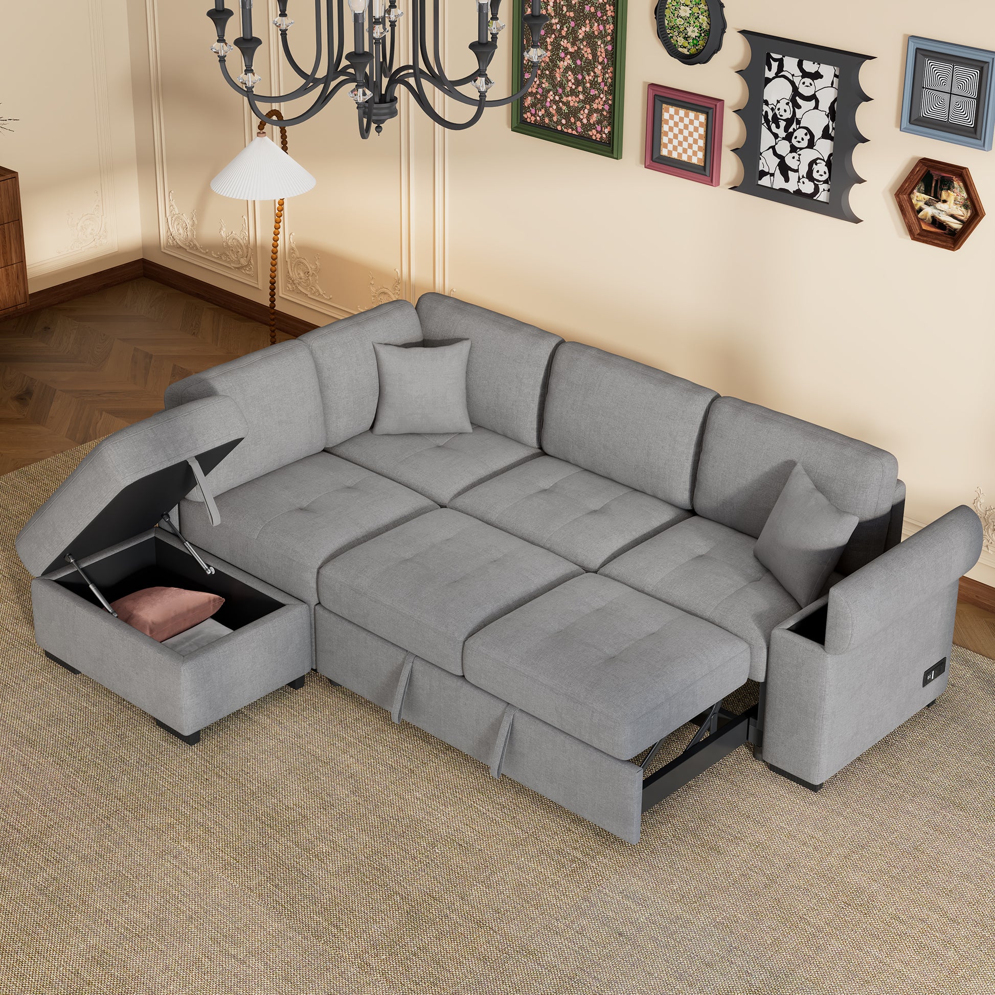 Sleeper Sectional Sofa, L Shape Corner Couch Sofa Bed With Storage Ottoman & Hidden Arm Storage & Usb Charge For Living Room Apartment, Gray Gray Velvet 4 Seat