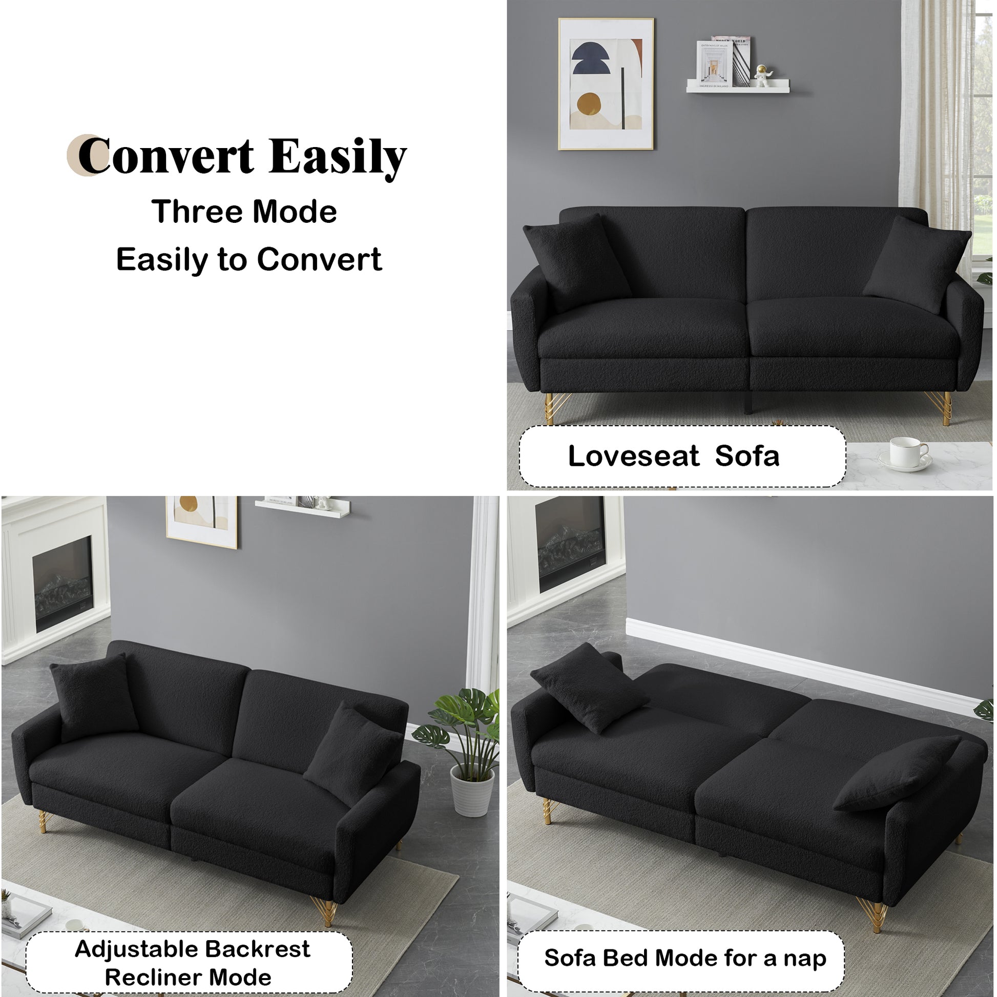 74.41 Inch Teddy Velvet Sofa Bed With Separate Adjustment Backrest And Storage Function Black Light Brown Velvet Wood Primary Living Space Medium Soft Loose Back Contemporary Eucalyptus Square Arms Foam Foam 2 Seat