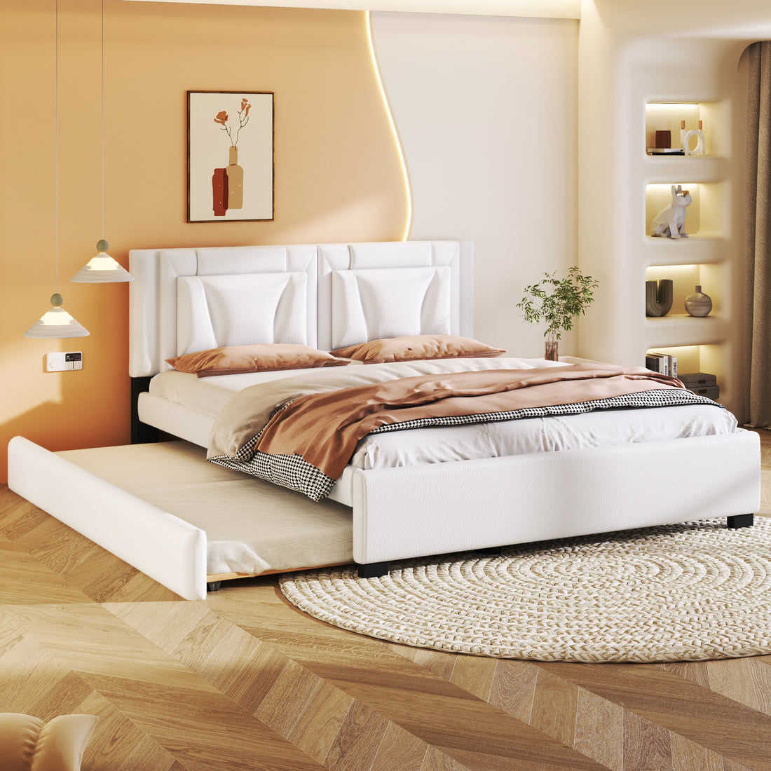 Queen Size Upholstered Platform Bed With Headboard And Twin Size Trundle, White Box Spring Not Required Queen White Bedroom Faux Leather Upholstered