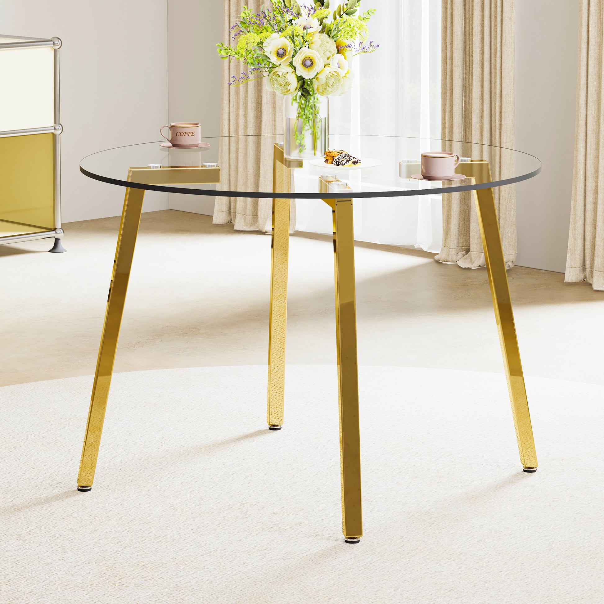 Modern Minimalist Style Circular Transparent Tempered Glass Table, Tempered Glass Tabletop, Golden Metal Legs, Suitable For Kitchen, Dining Room, And Living Room, 42 "* 42" * 29.5 "1123R Transparent Glass