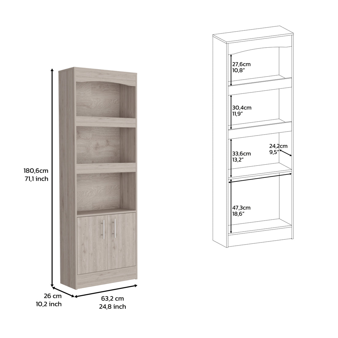 Bookcase, Three Shelves, Double Door Cabinet, Metal Hardware, Light Gray Gray Particle Board Particle Board