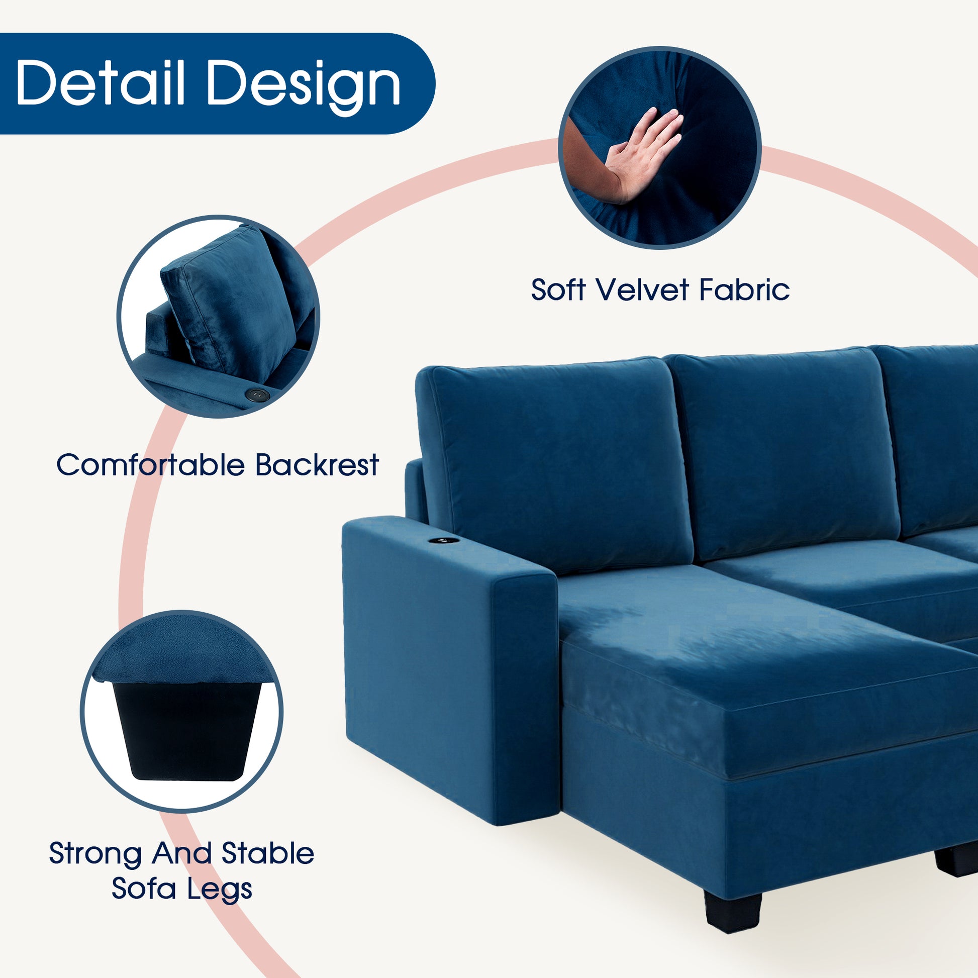 138*56" Modern L Shape Sectional Sofa, 6 Seat Velvet Fabric Couch With Convertible Chaise Lounge,Freely Combinable Indoor Furniture For Living Room, Apartment, Office,3 Colors Navy Velvet 5 Seat