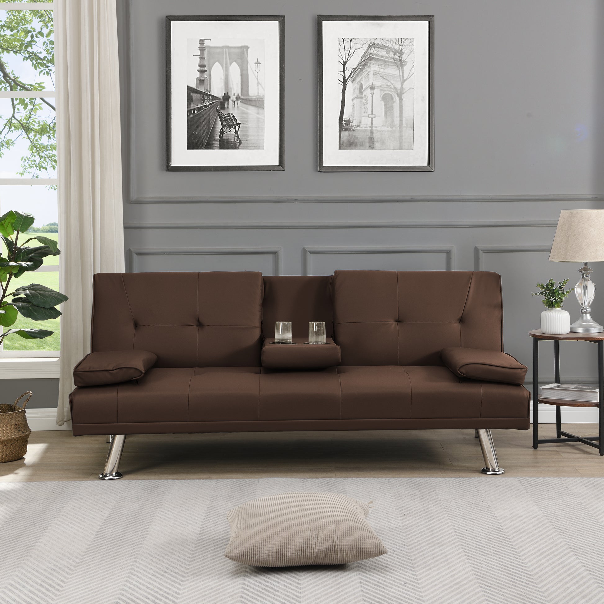 Sofa Bed With Armrest Two Holders Wood Frame, Stainless Leg, Futon Brown Pvc Brown Pvc