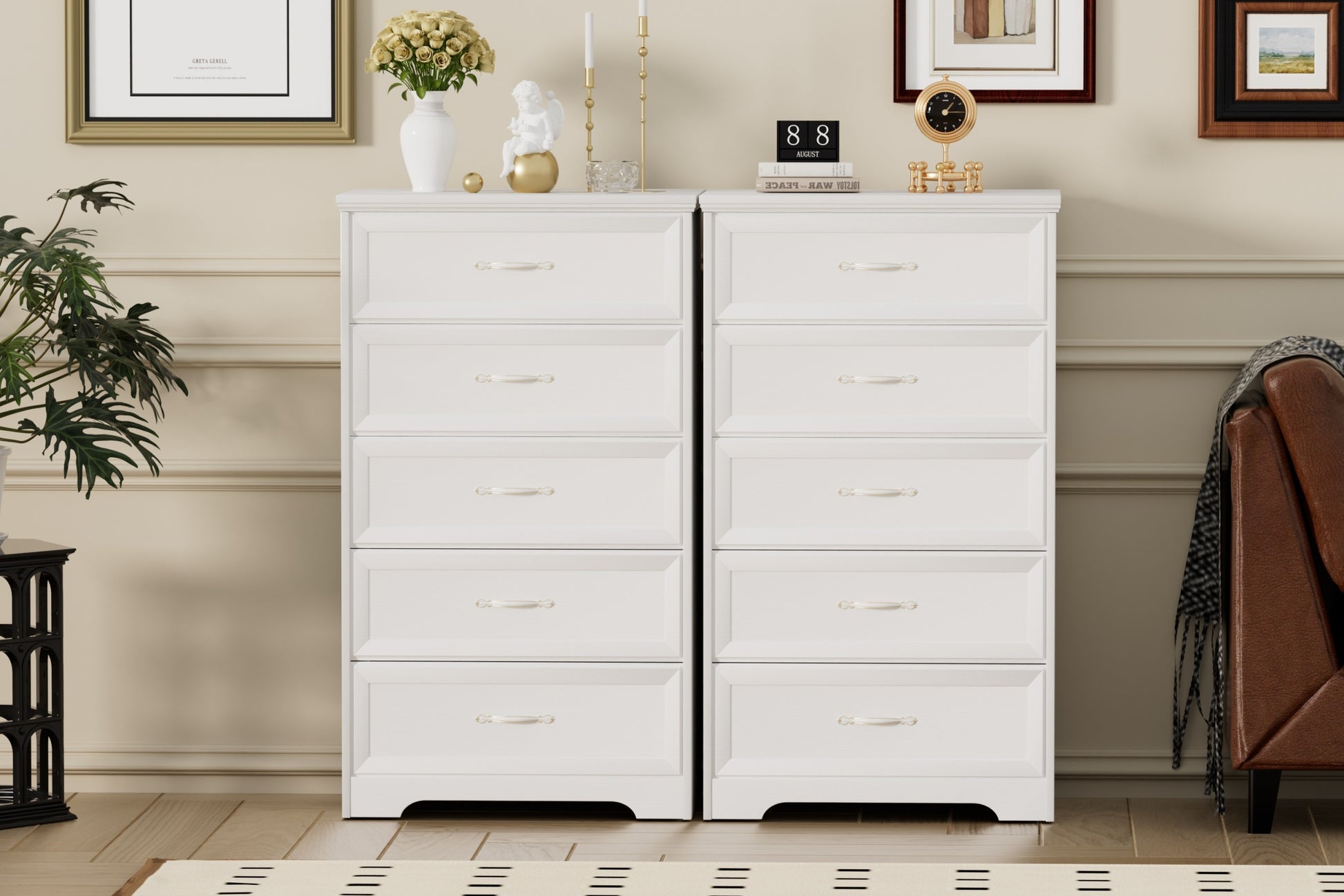 Modern 5 Tier Bedroom Chest Of Drawers, Dresser With Drawers, Clothes Organizer Metal Pulls For Living Room, Bedroom, Hallway, White, 25.2 L X 15.8 W X 43.5 H White Particle Board