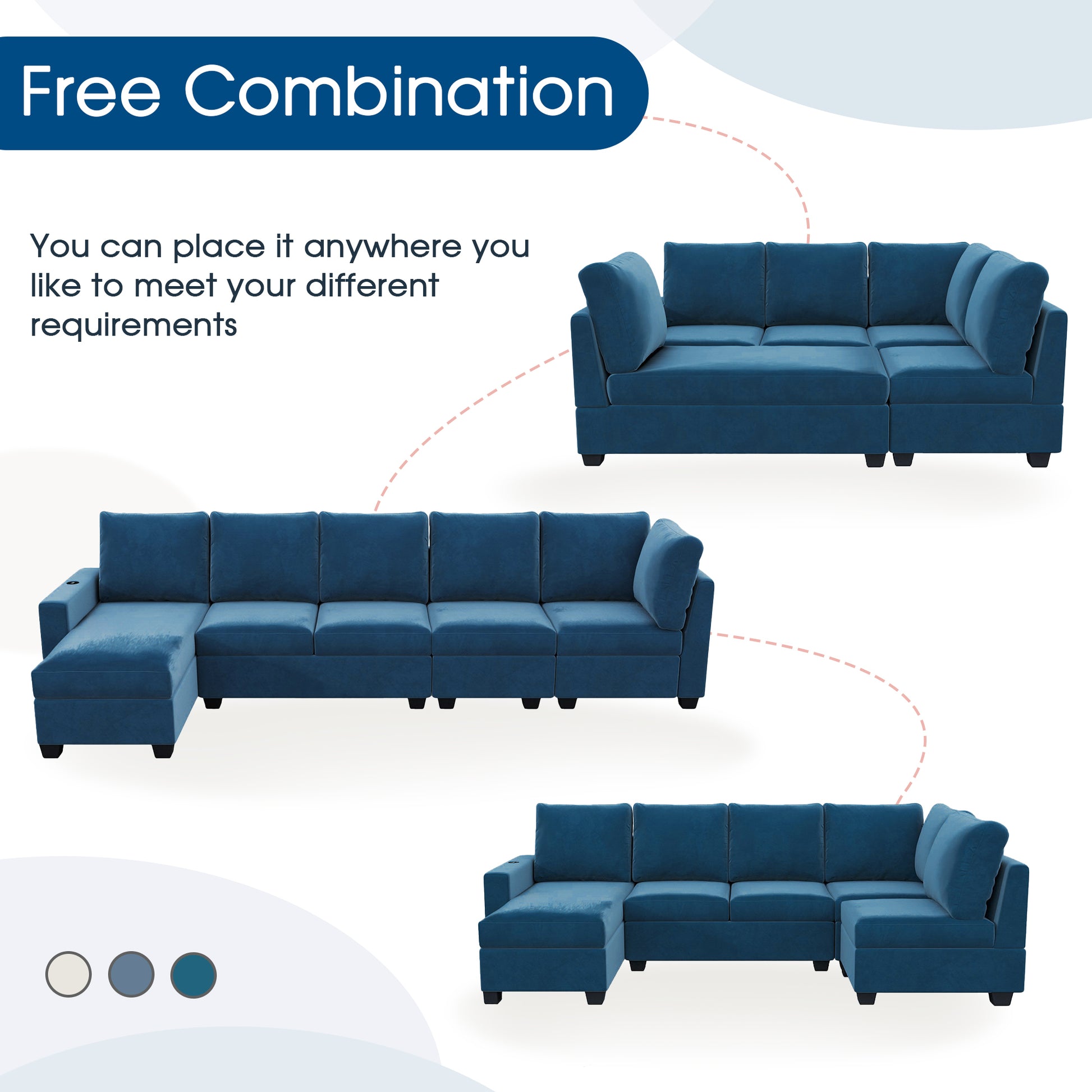 138*56" Modern L Shape Sectional Sofa, 6 Seat Velvet Fabric Couch With Convertible Chaise Lounge,Freely Combinable Indoor Furniture For Living Room, Apartment, Office,3 Colors Navy Velvet 5 Seat