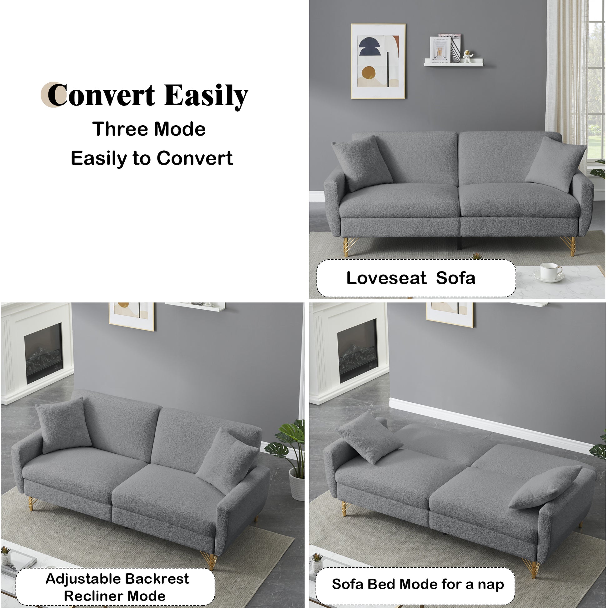 74.41 Inch Teddy Velvet Sofa Bed With Separate Adjustment Backrest And Storage Function Gray Light Brown Velvet Wood Primary Living Space Medium Soft Loose Back Contemporary Square Arms Foam Foam 2 Seat