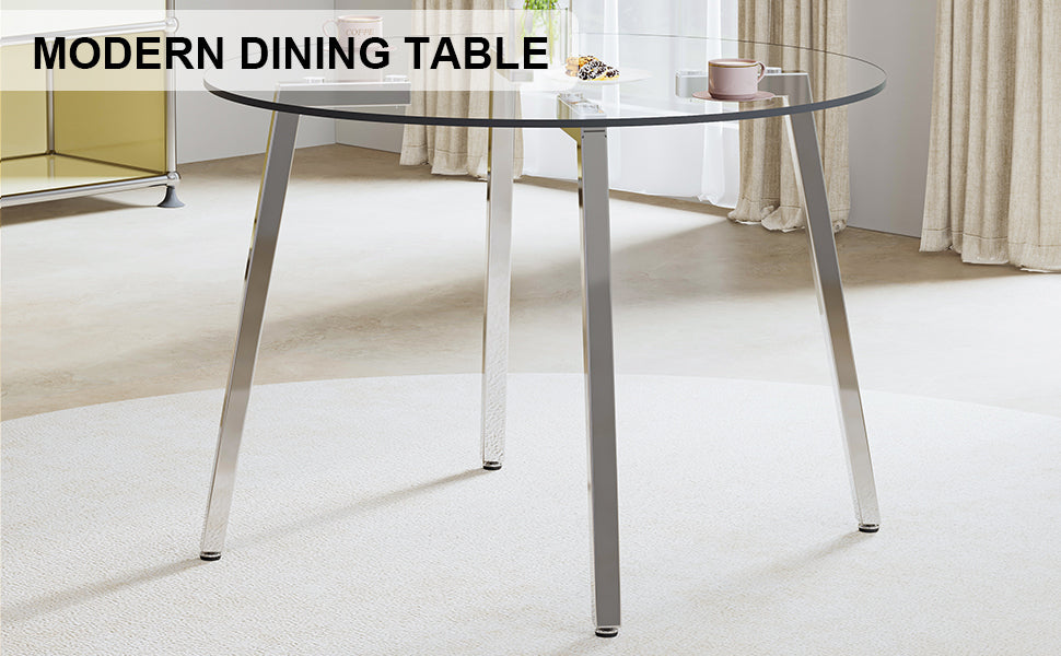 Modern Minimalist Style Circular Transparent Tempered Glass Table, Tempered Glass Tabletop, Silver Metal Table Legs, Suitable For Kitchen, Dining Room, And Living Room, 42 "* 42" * 29.5 "1123R Transparent Glass