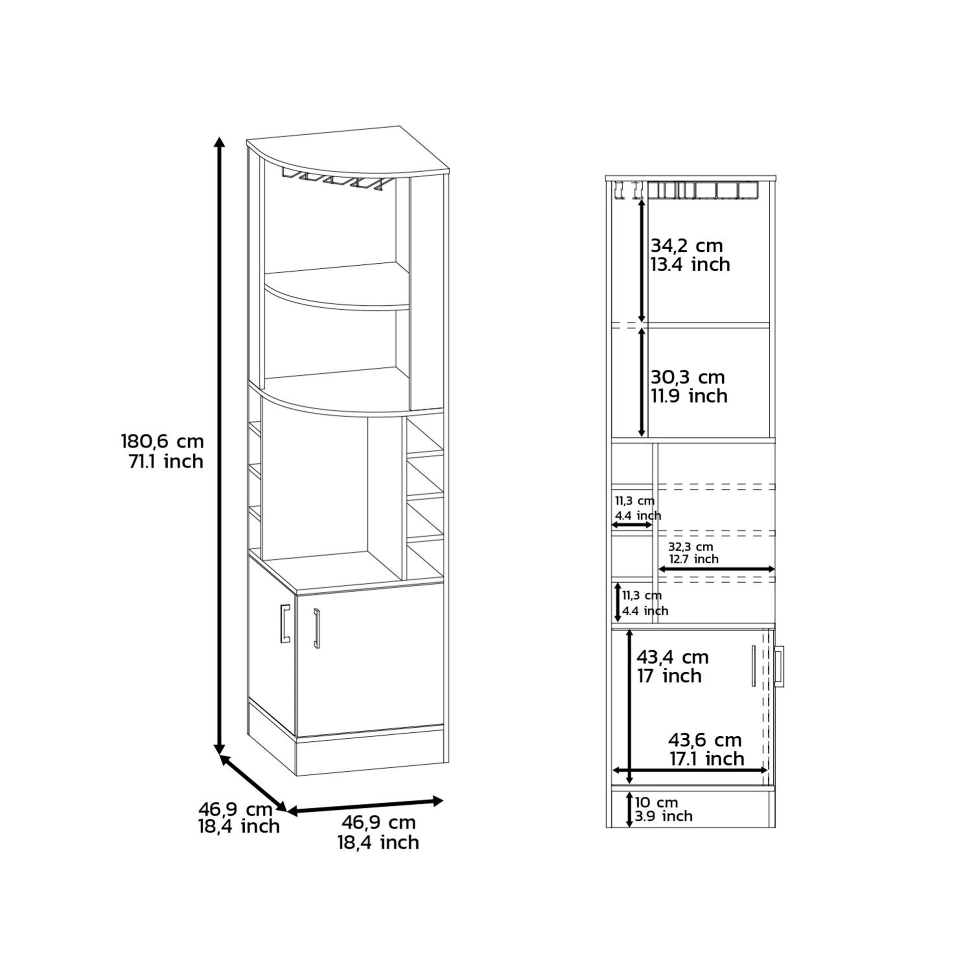 Bar Cabinet 71" H, With Two Shelves At The Top, 1 Glass Holder, 8 Exterior Bottle Racks, 1 Central Shelf And A Lower Drawer With 2 Side Doors, Dark Brown Brown Particle Board Particle Board