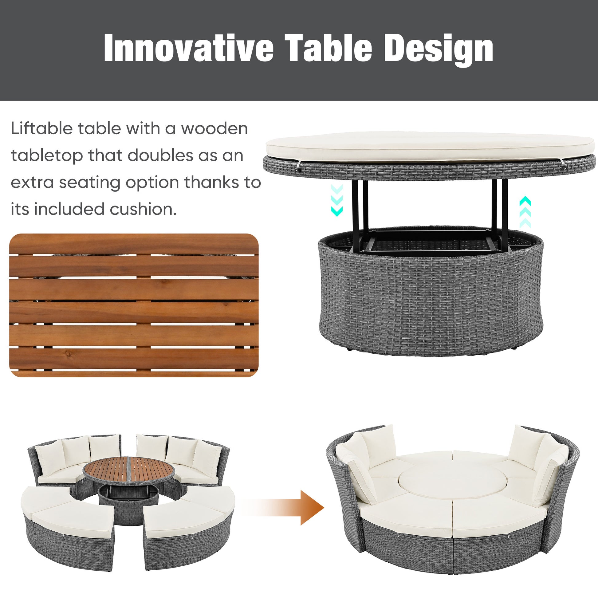 Patio 5 Piece Round Rattan Sectional Sofa Set All Weather Pe Wicker Sunbed Daybed With Round Liftable Table And Washable Cushions For Outdoor Backyard Poolside, Beige Yes Deep Seating Beige Water Resistant Frame Water Resistant Cushion Garden & Outdoor
