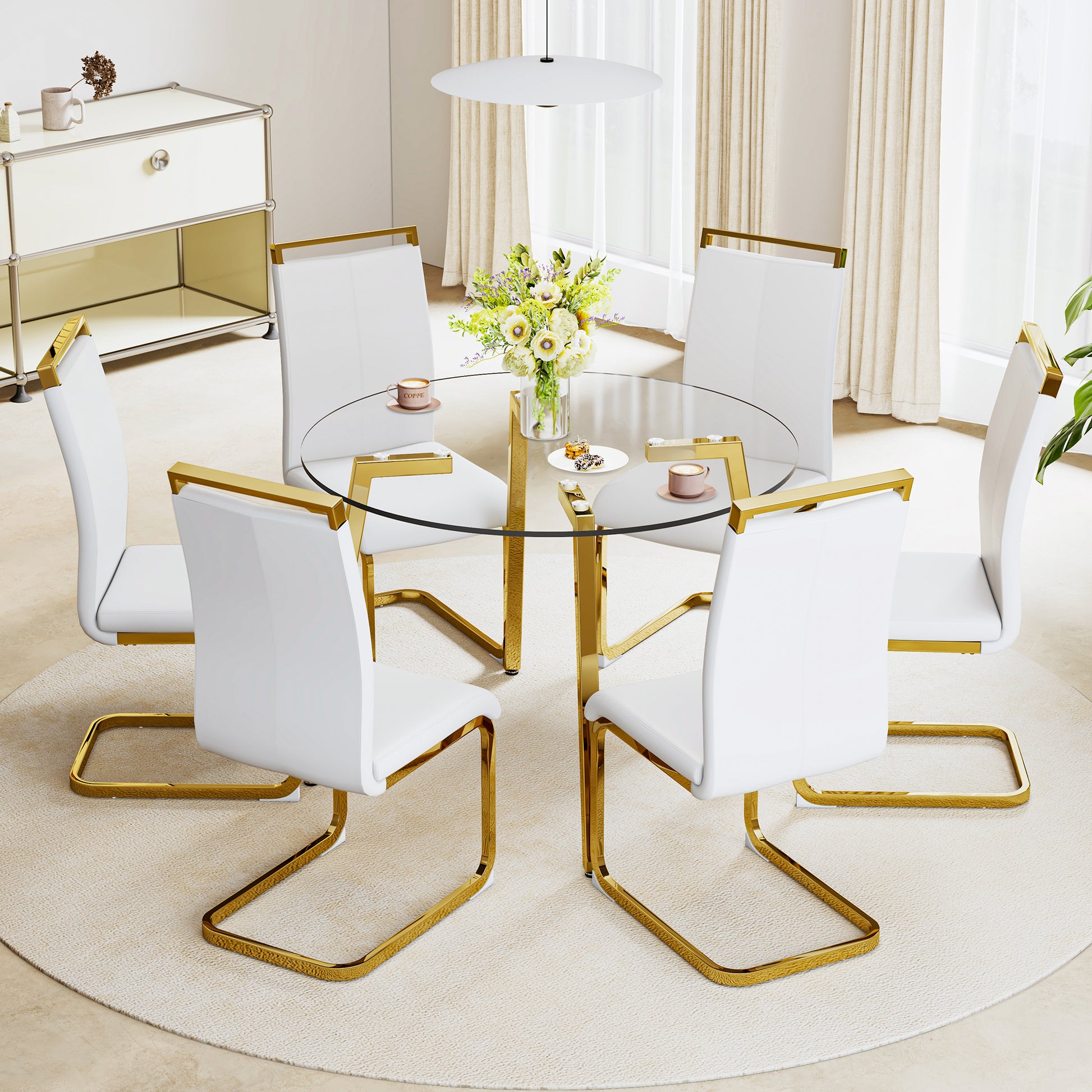 Modern Minimalist Style Circular Transparent Tempered Glass Table, Tempered Glass Tabletop, Golden Metal Legs, Suitable For Kitchen, Dining Room, And Living Room, 42 "* 42" * 29.5 "1123R Transparent Glass