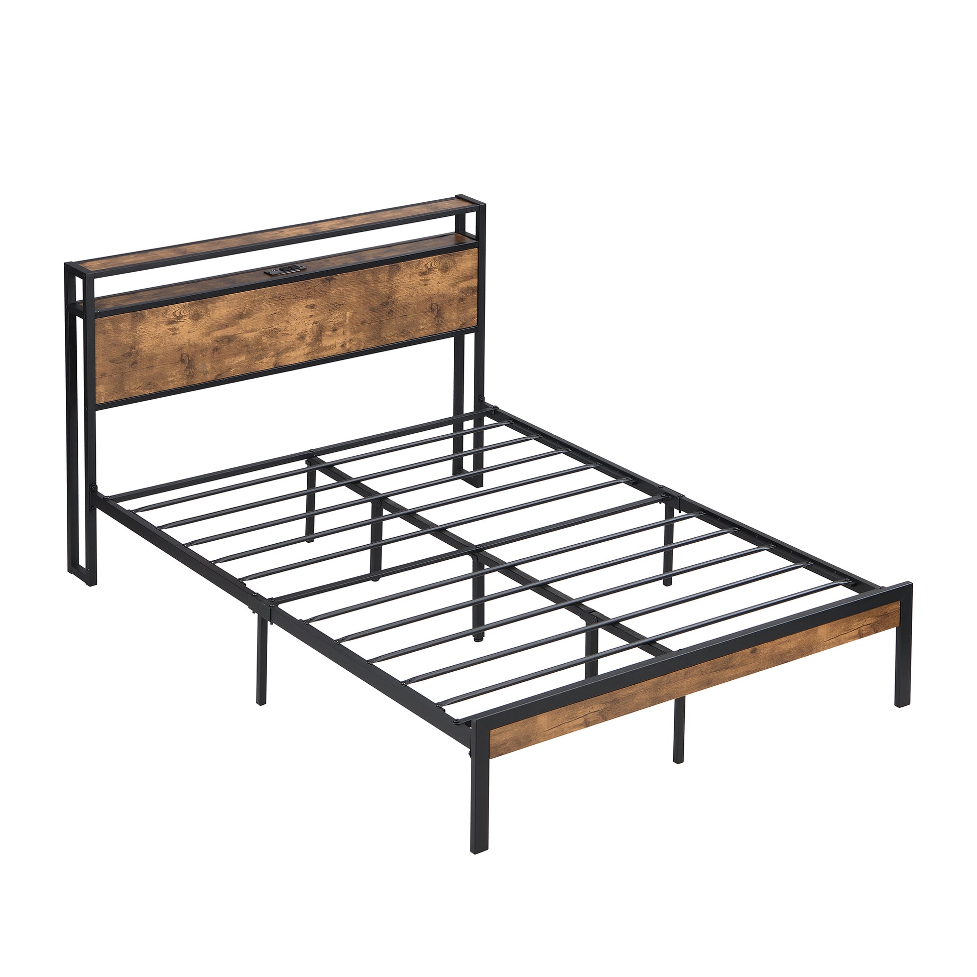 Full Size Metal Platform Bed Frame With Wooden Headboard And Footboard With Usb Liner, No Box Spring Needed, Large Under Bed Storage, Easy Assemble Black Metal