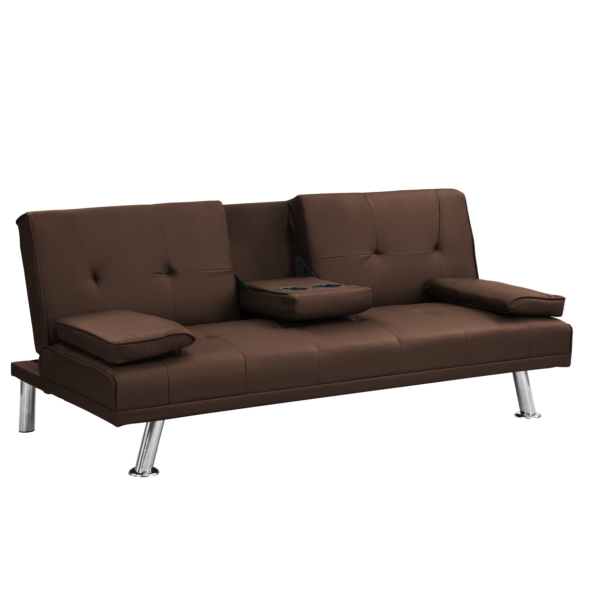 Sofa Bed With Armrest Two Holders Wood Frame, Stainless Leg, Futon Brown Pvc Brown Pvc