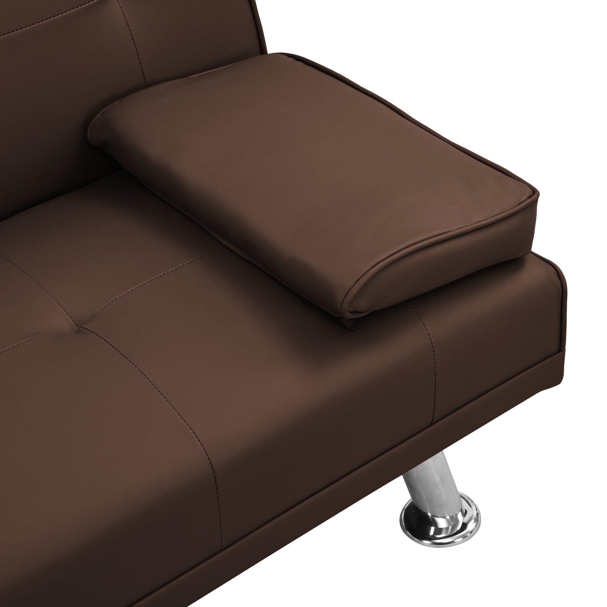 Sofa Bed With Armrest Two Holders Wood Frame, Stainless Leg, Futon Brown Pvc Brown Pvc