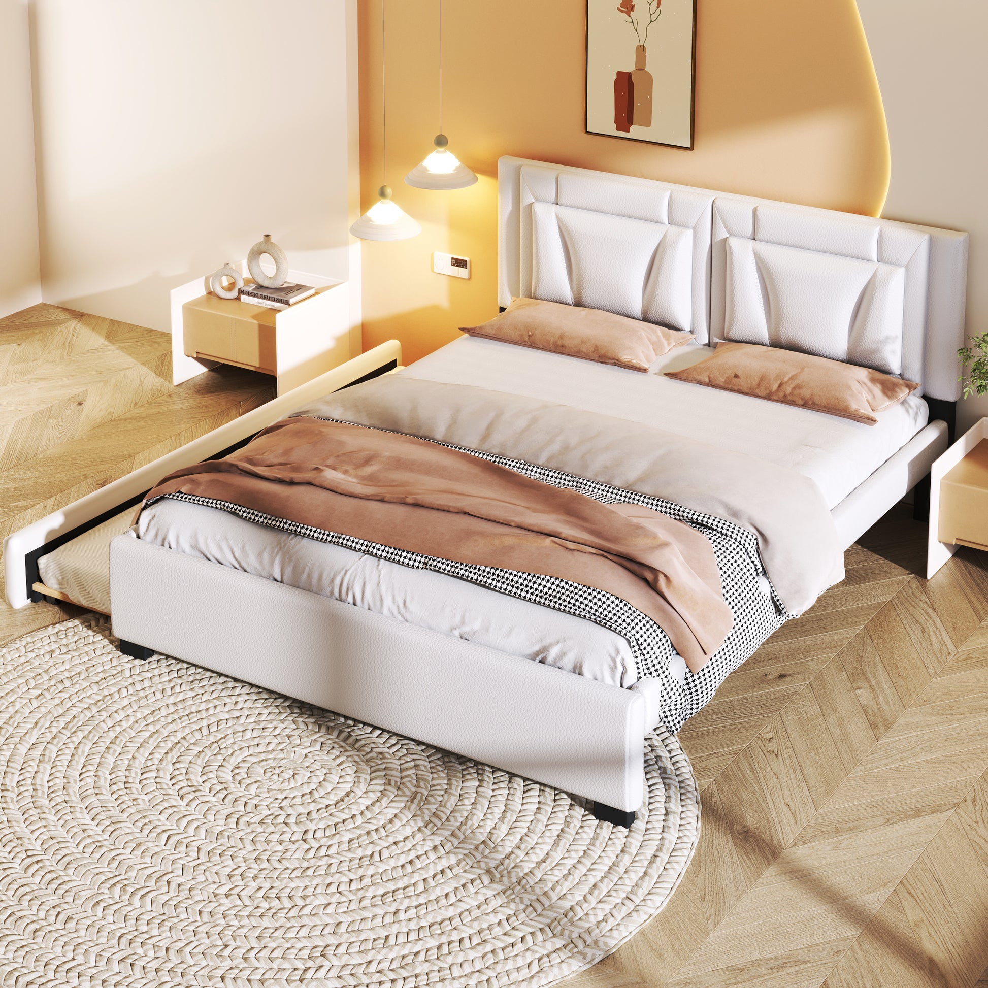 Queen Size Upholstered Platform Bed With Headboard And Twin Size Trundle, White Box Spring Not Required Queen White Bedroom Faux Leather Upholstered