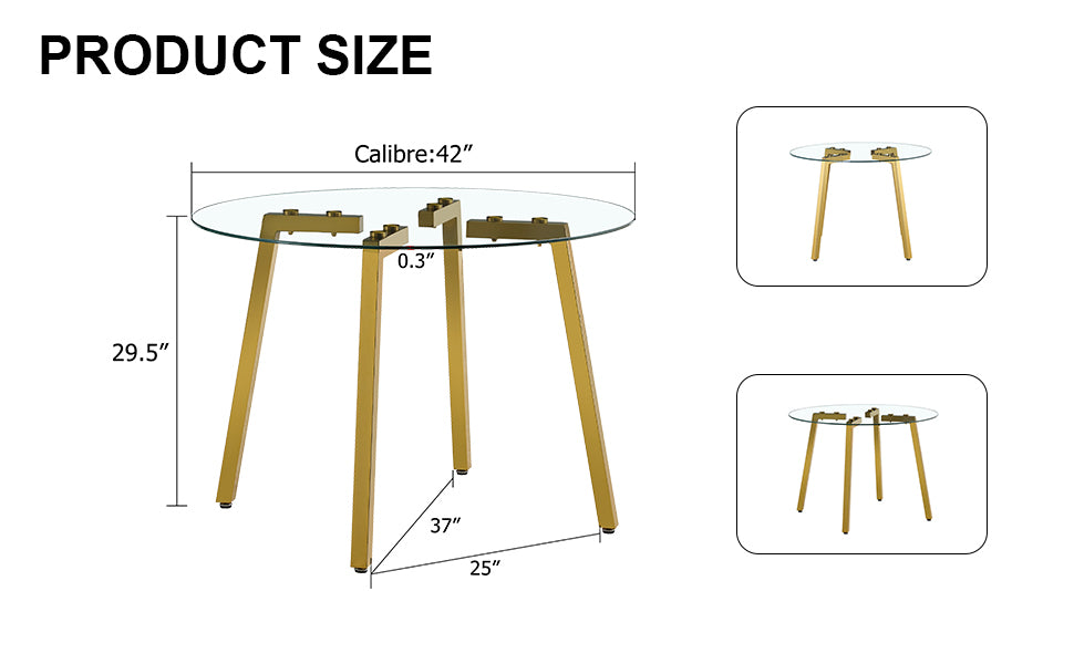 Modern Minimalist Style Circular Transparent Tempered Glass Table, Tempered Glass Tabletop, Golden Metal Legs, Suitable For Kitchen, Dining Room, And Living Room, 42 "* 42" * 29.5 "1123R Transparent Glass