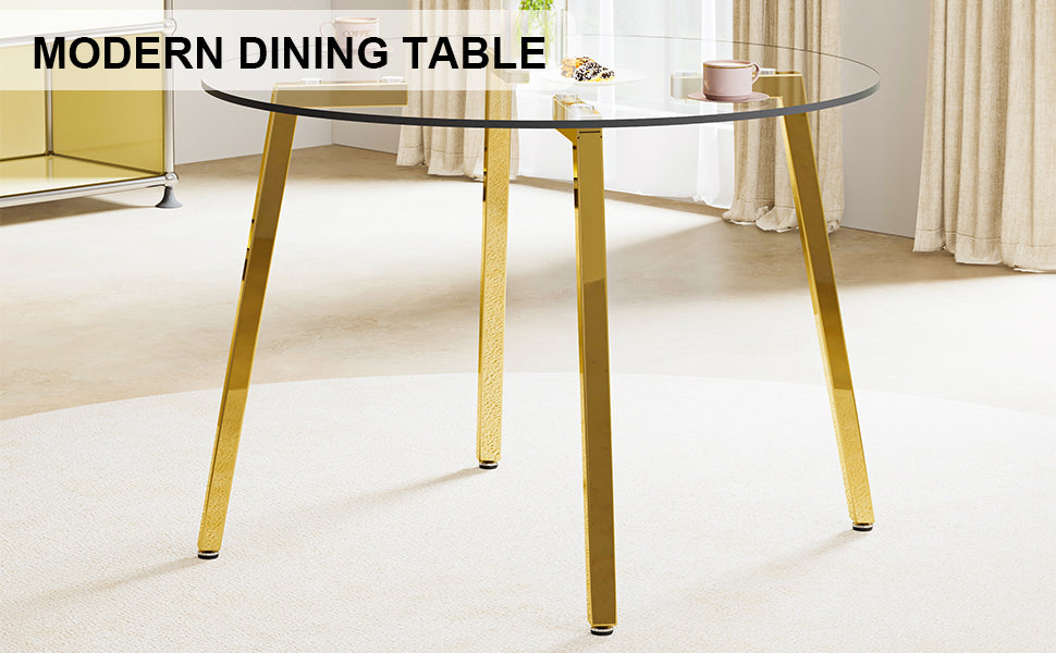 Modern Minimalist Style Circular Transparent Tempered Glass Table, Tempered Glass Tabletop, Golden Metal Legs, Suitable For Kitchen, Dining Room, And Living Room, 42 "* 42" * 29.5 "1123R Transparent Glass