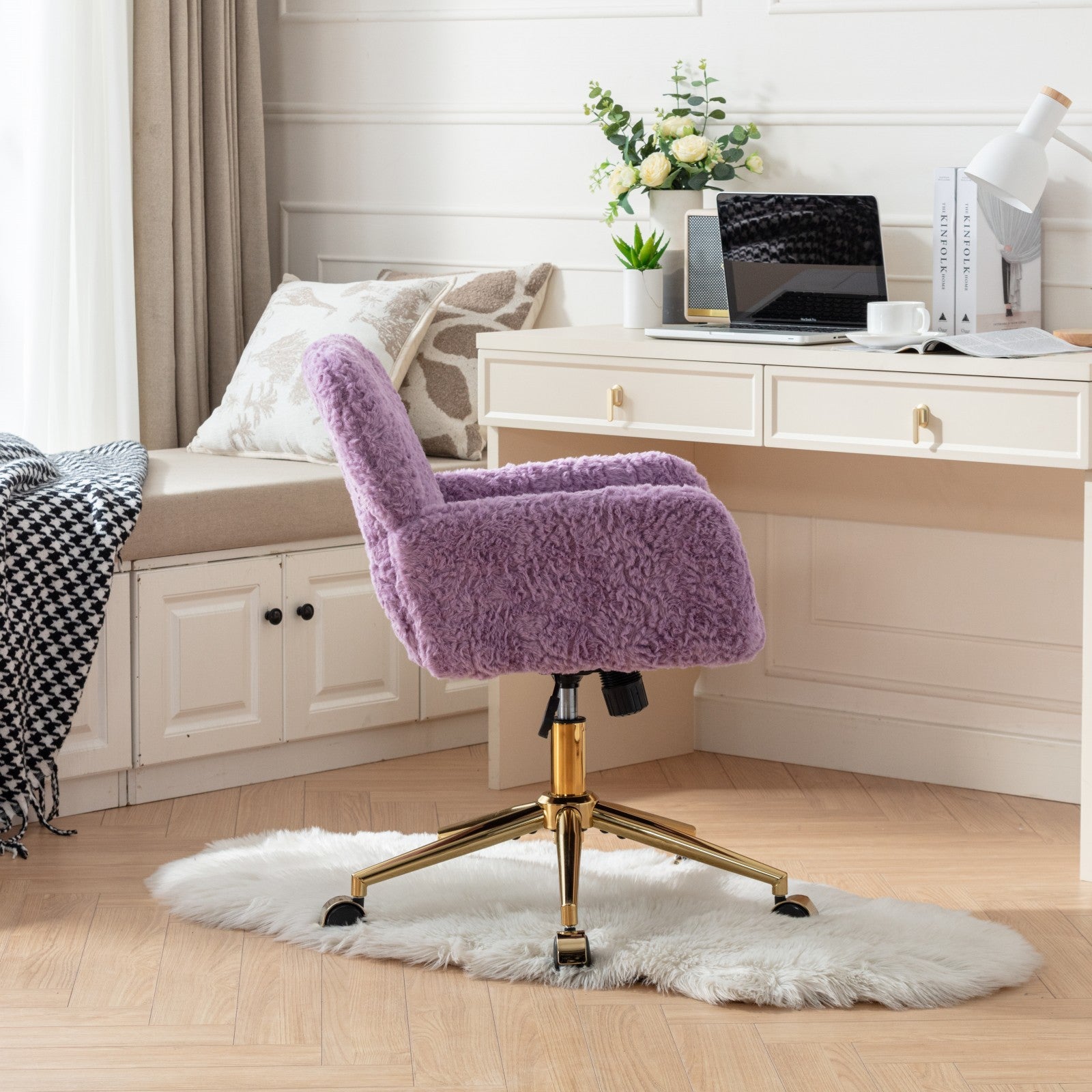 Office Chair,Artificial Rabbit Hair Home Office Chair With Golden Metal Base,Adjustable Desk Chair Swivel Office Chair,Vanity Chair Violet Violet Bedroom Foam Velvet