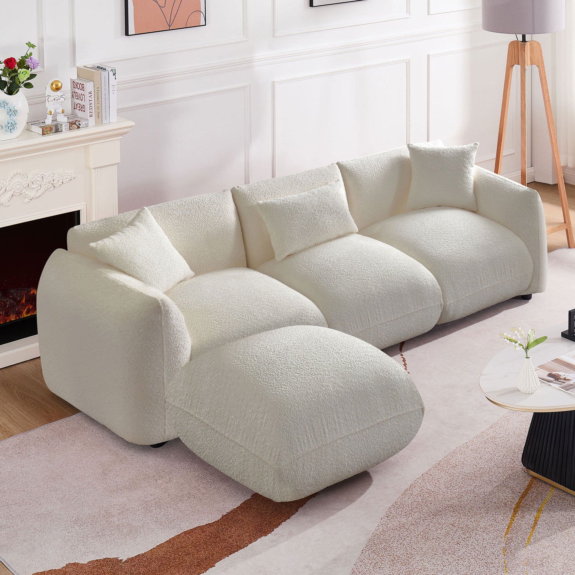 Mid Century Modern Couch 3 Seater Sofa With Ottoman Upholstered Footrest Stool Ottoman Foot Stool For Living Room, Bedroom, Beige Beige Boucle