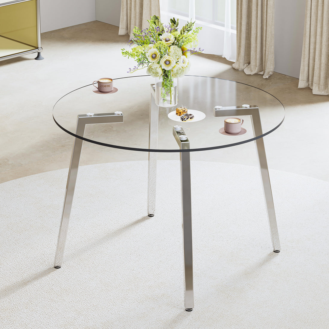 Modern Minimalist Style Circular Transparent Tempered Glass Table, Tempered Glass Tabletop, Silver Metal Table Legs, Suitable For Kitchen, Dining Room, And Living Room, 42 "* 42" * 29.5 "1123R Transparent Glass