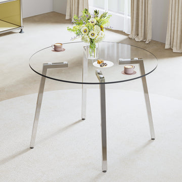 Modern Minimalist Style Circular Transparent Tempered Glass Table, Tempered Glass Tabletop, Silver Metal Table Legs, Suitable For Kitchen, Dining Room, And Living Room, 42 "* 42" * 29.5 "1123R Transparent Glass