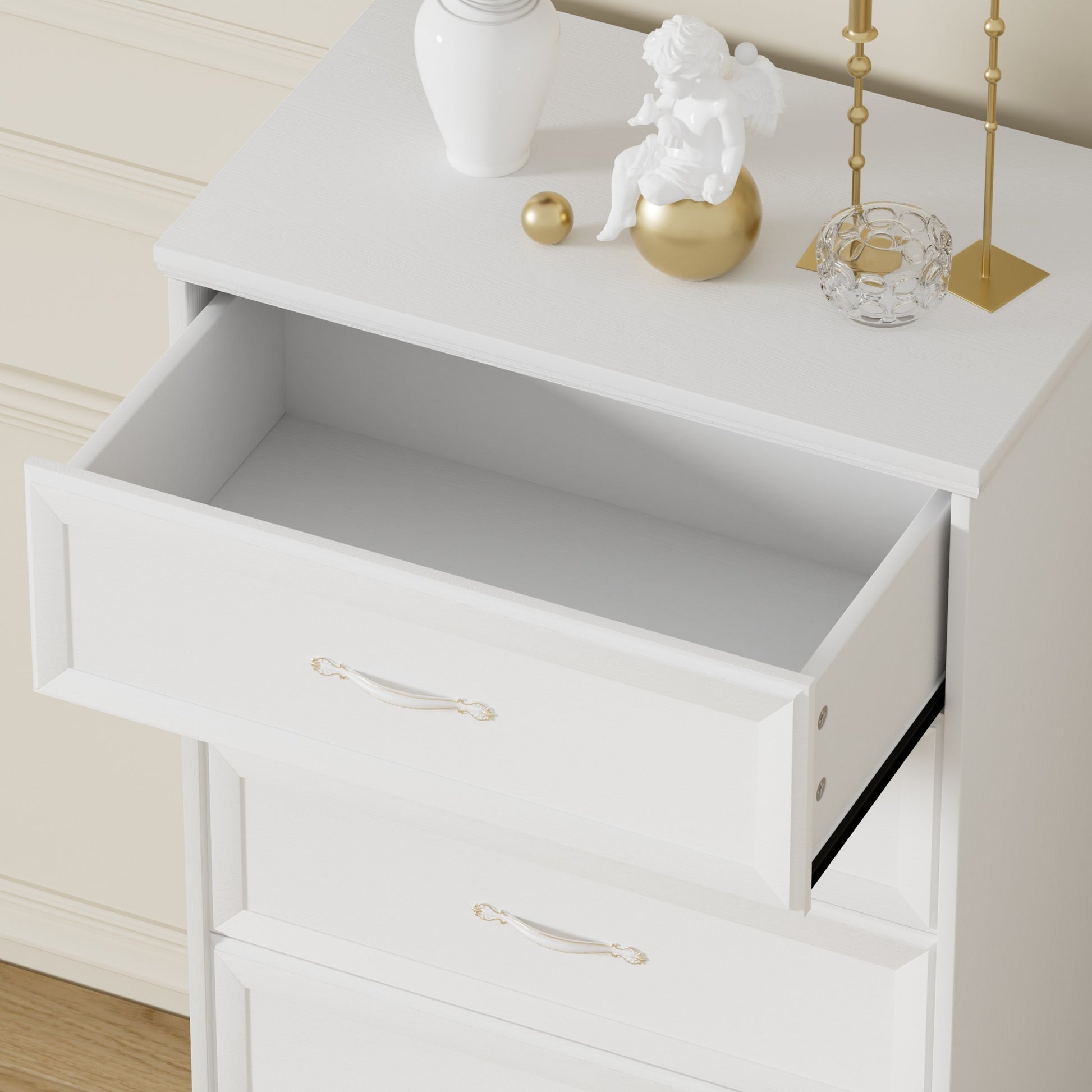 Modern 5 Tier Bedroom Chest Of Drawers, Dresser With Drawers, Clothes Organizer Metal Pulls For Living Room, Bedroom, Hallway, White, 25.2 L X 15.8 W X 43.5 H White Particle Board