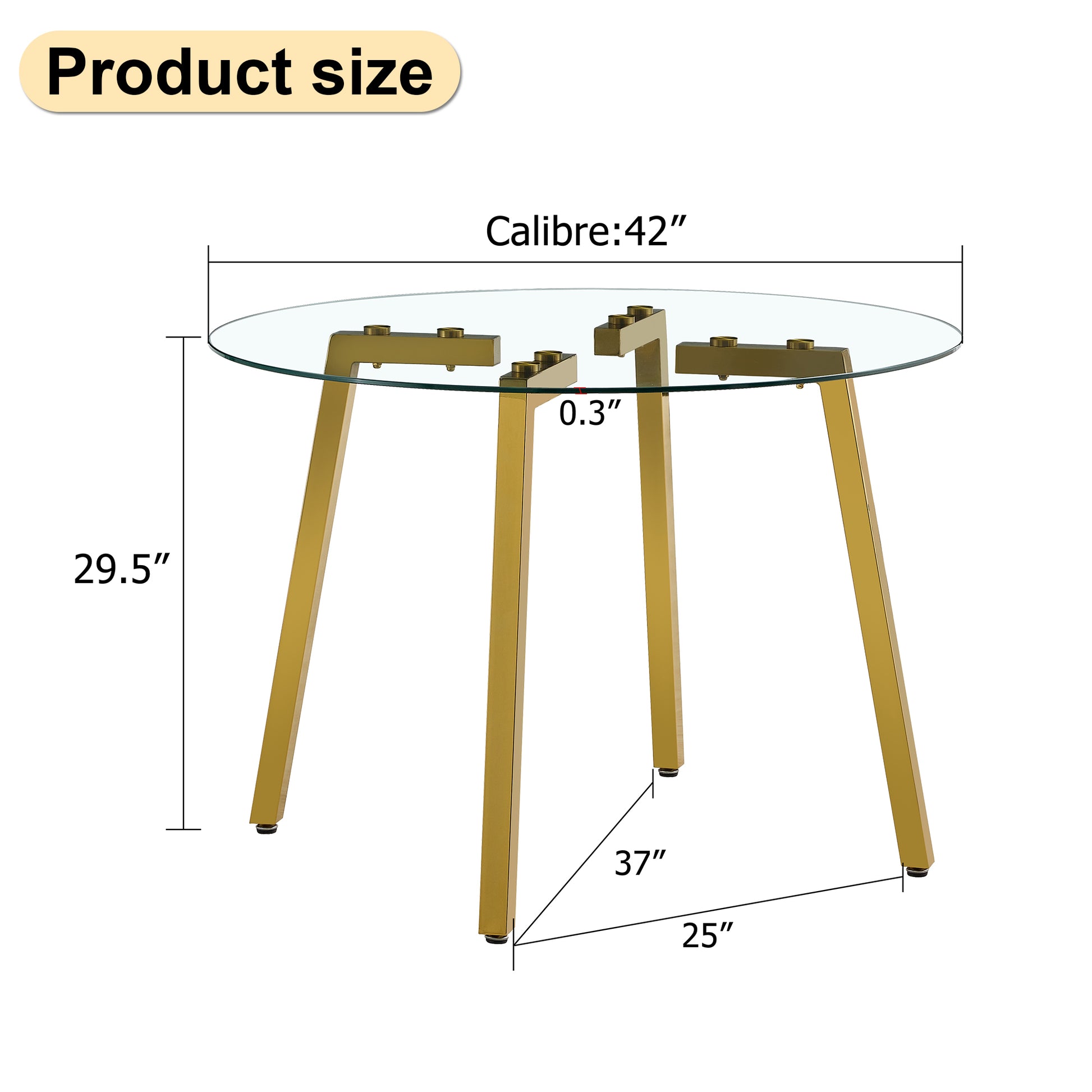 Modern Minimalist Style Circular Transparent Tempered Glass Table, Tempered Glass Tabletop, Golden Metal Legs, Suitable For Kitchen, Dining Room, And Living Room, 42 "* 42" * 29.5 "1123R Transparent Glass