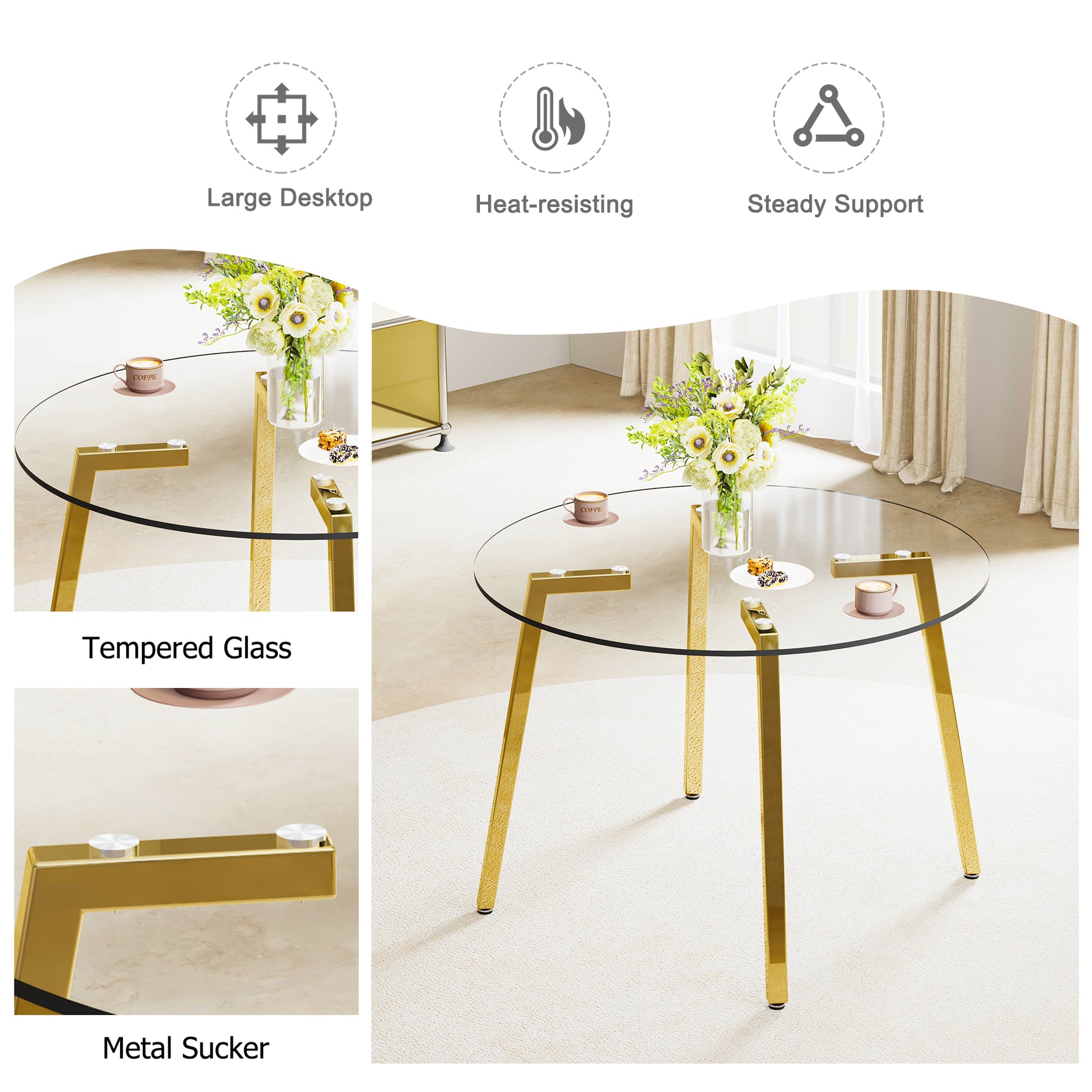 Modern Minimalist Style Circular Transparent Tempered Glass Table, Tempered Glass Tabletop, Golden Metal Legs, Suitable For Kitchen, Dining Room, And Living Room, 42 "* 42" * 29.5 "1123R Transparent Glass